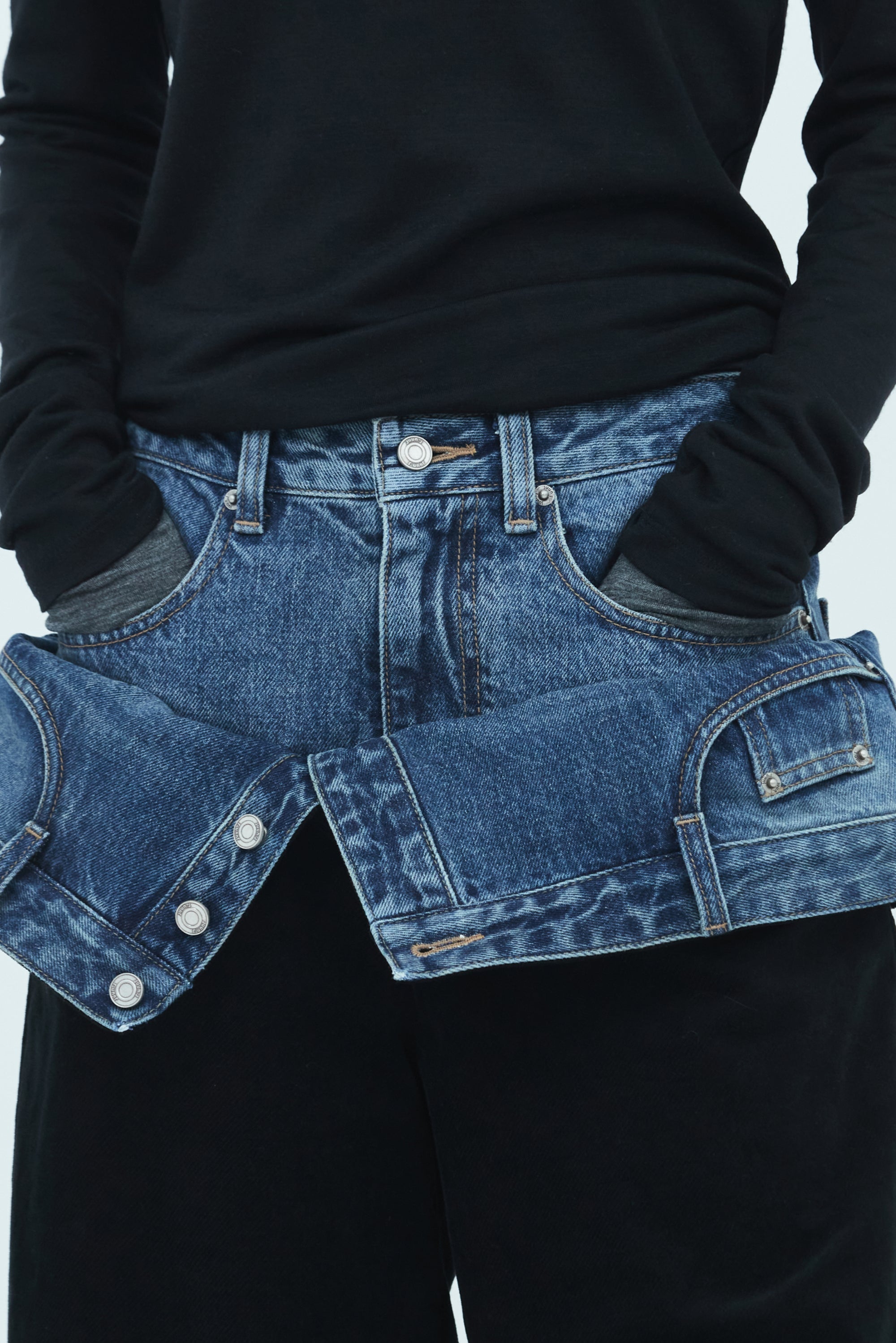 JUUN.J Flip Out Double Waist Pants - Denim/Black