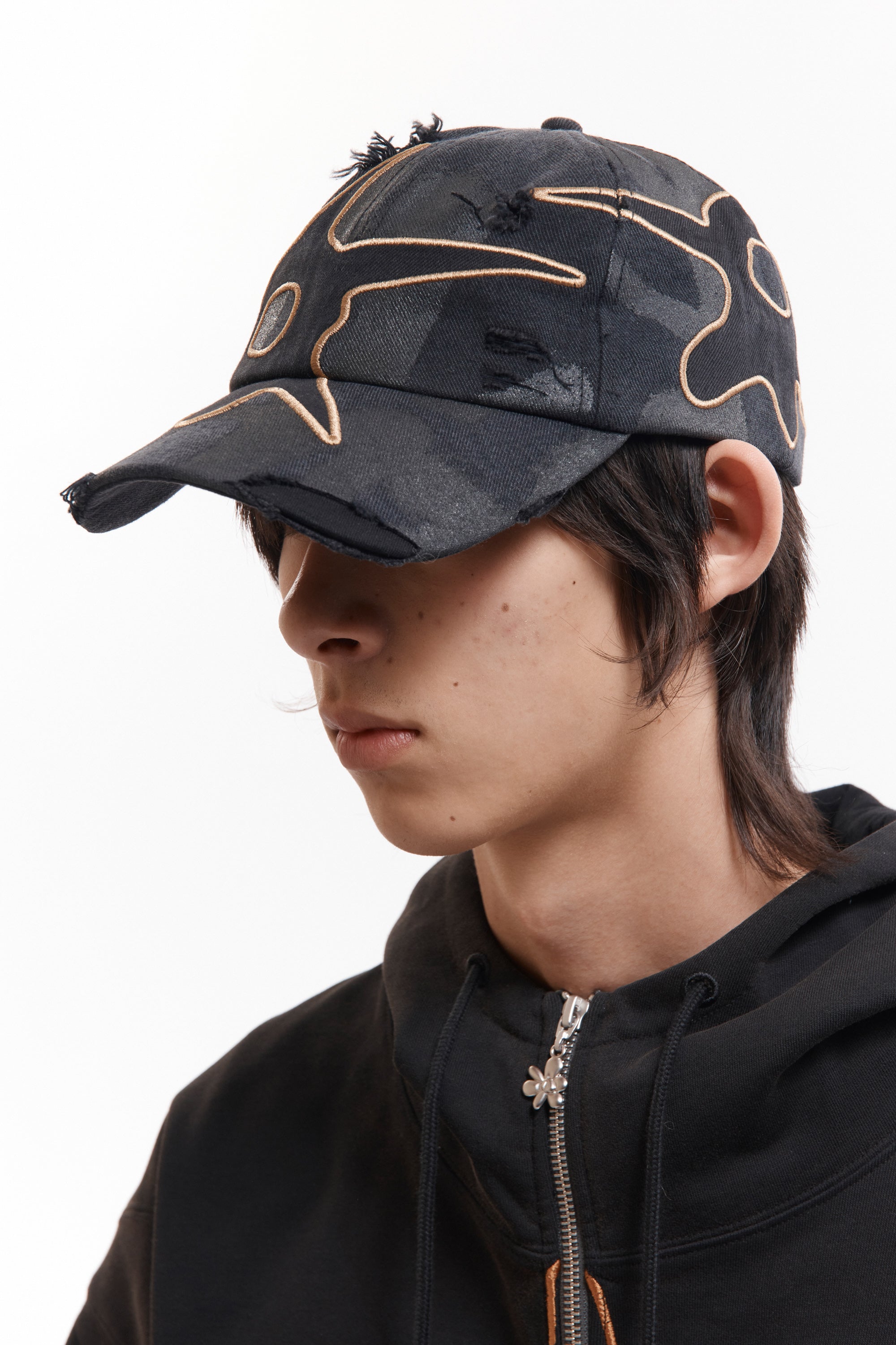 Distressed Urchin Tag Baseball Cap - Black Wash