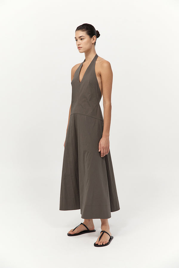 ST. AGNI Halter Plunge Dress - Khaki