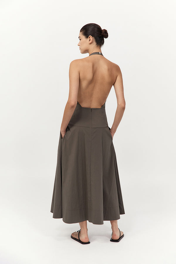 ST. AGNI Halter Plunge Dress - Khaki