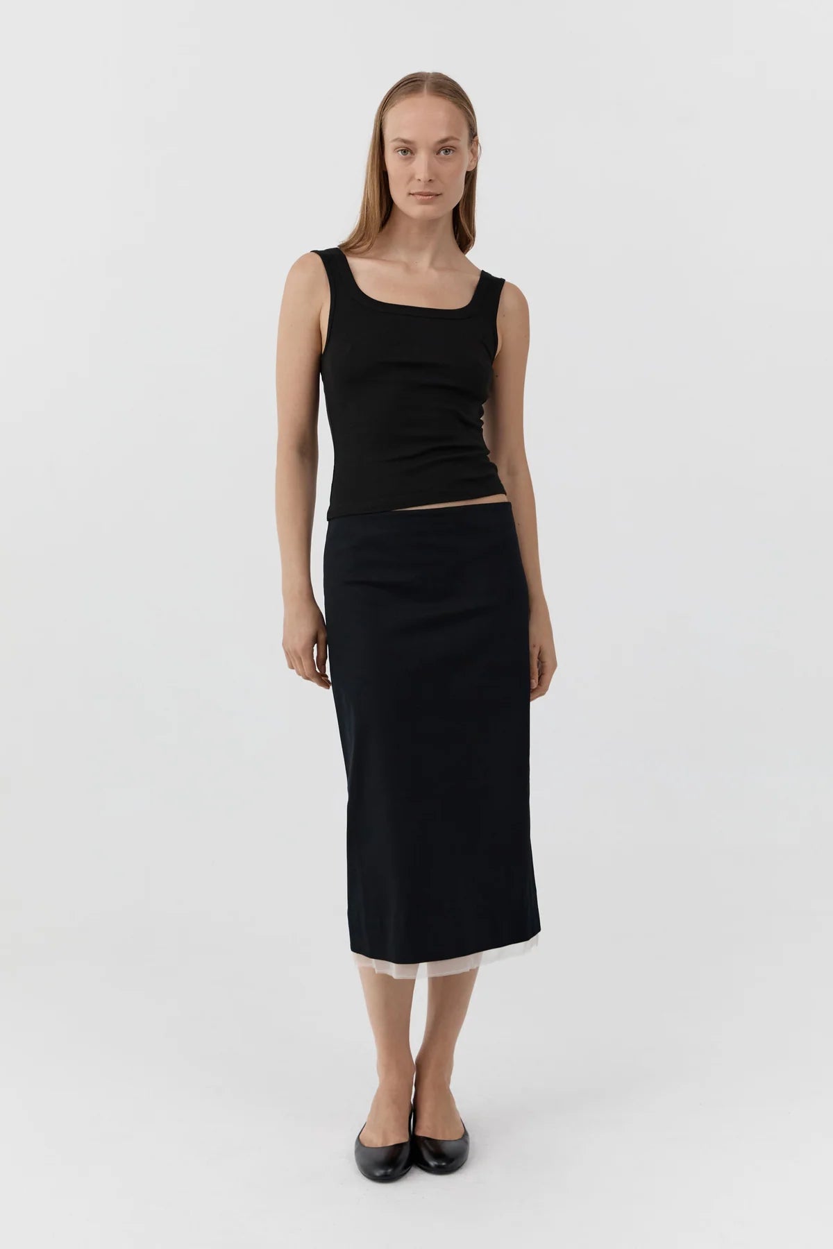 Compact Cotton Layered Column Skirt - Black