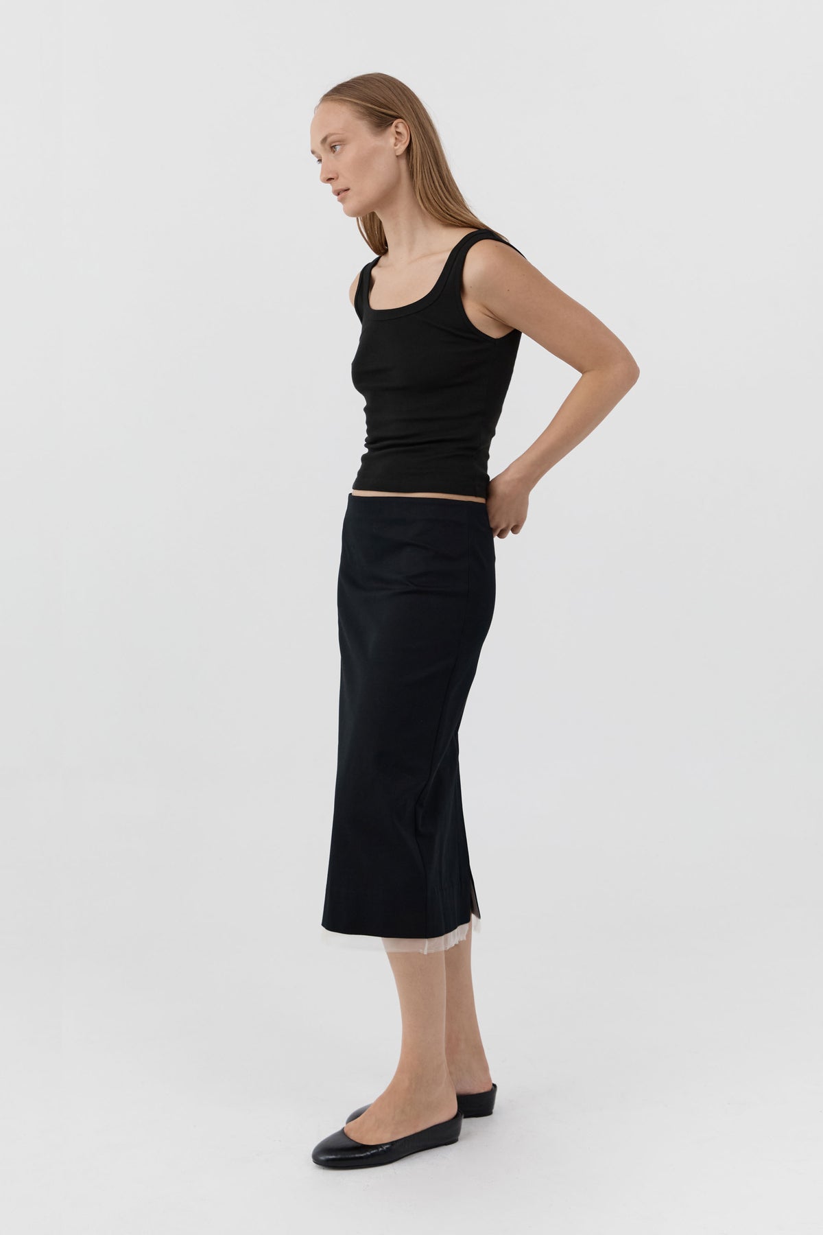 Compact Cotton Layered Column Skirt - Black
