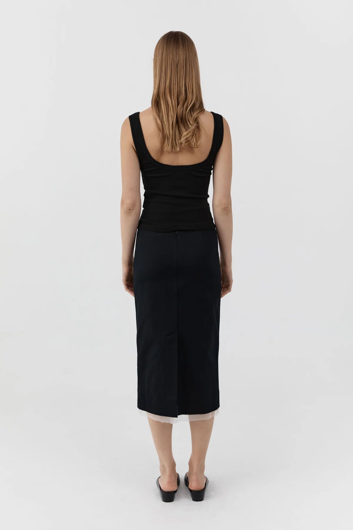 Compact Cotton Layered Column Skirt - Black