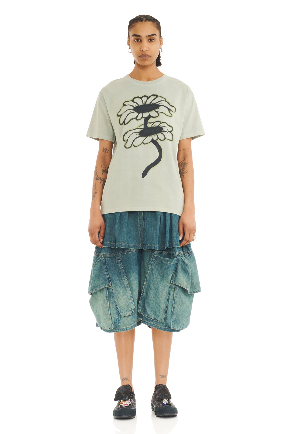 Painted Tee - Olive Twin Flowers