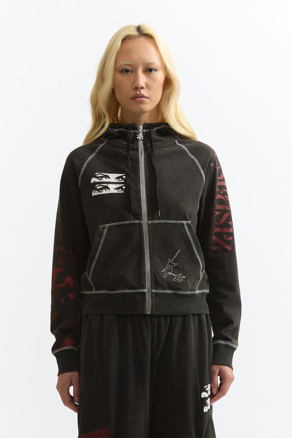 Celestial Equator Hooded Zip Thru Sweat - Black wash/Deep red