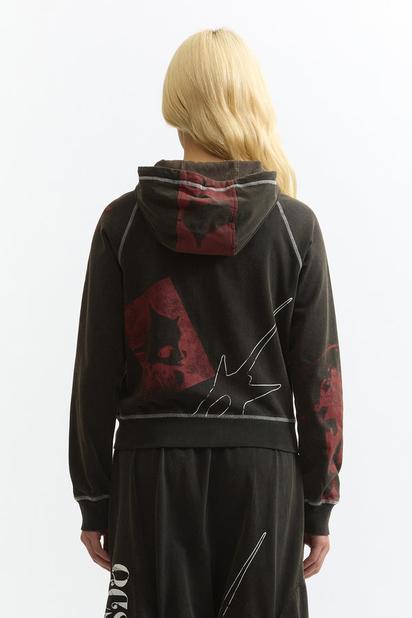 Celestial Equator Hooded Zip Thru Sweat - Black wash/Deep red