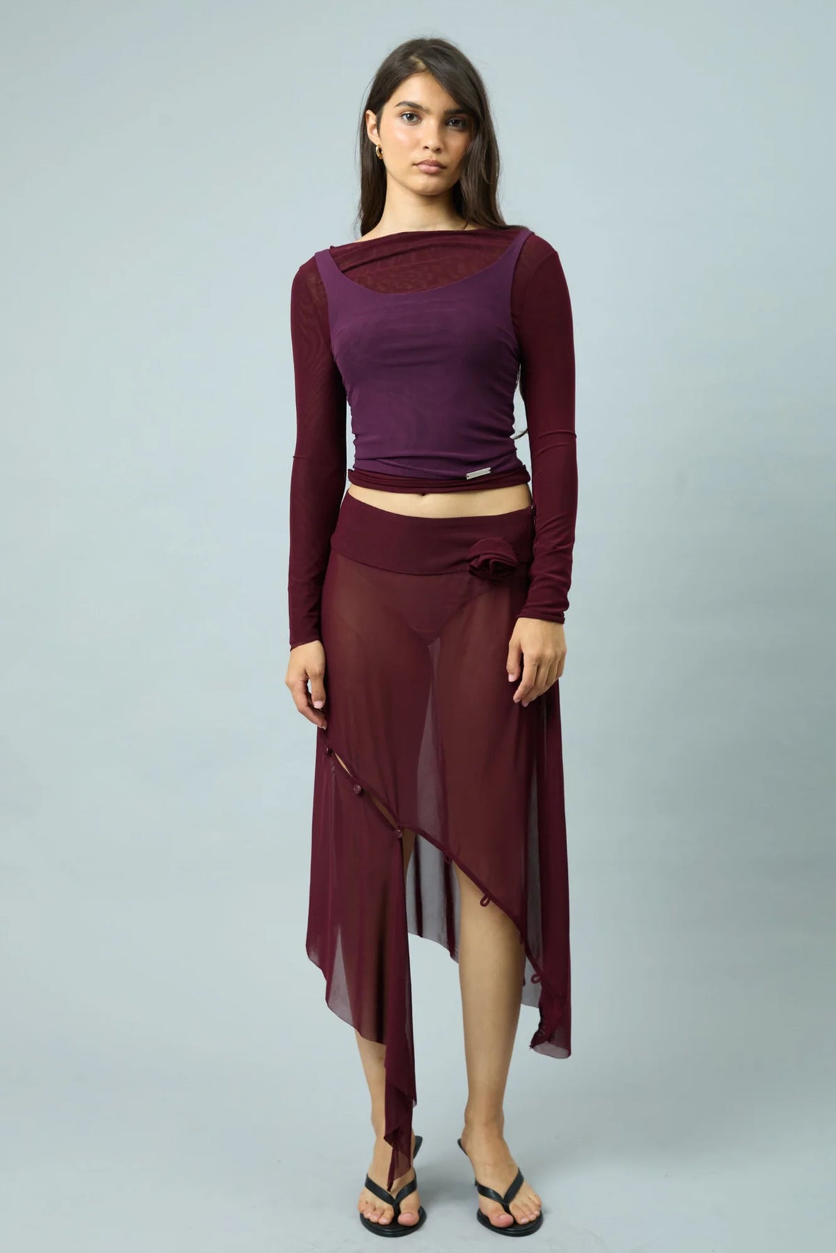 Asymmetric Mesh Skirt W/ Flower Applique - Burgundy