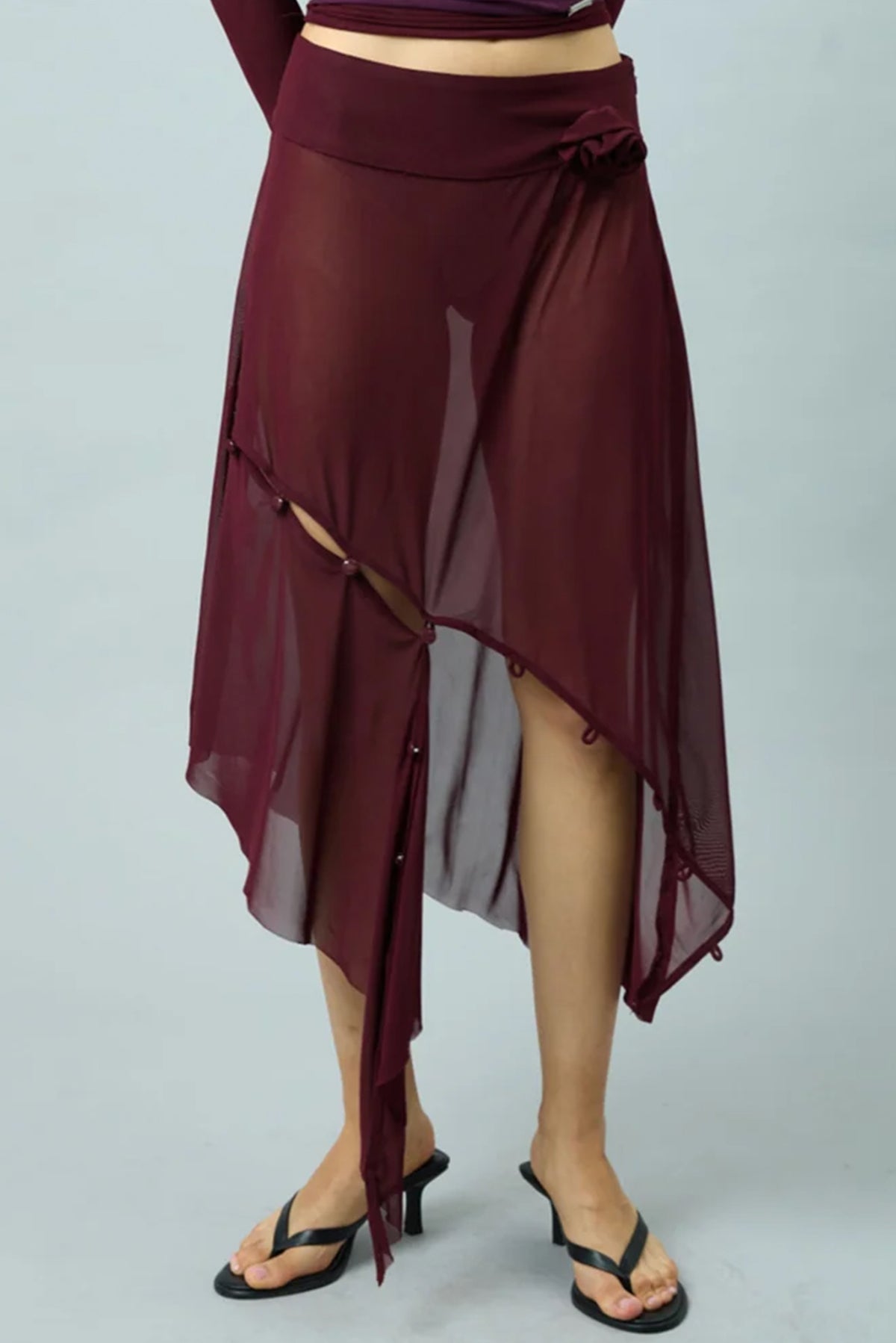 Asymmetric Mesh Skirt W/ Flower Applique - Burgundy