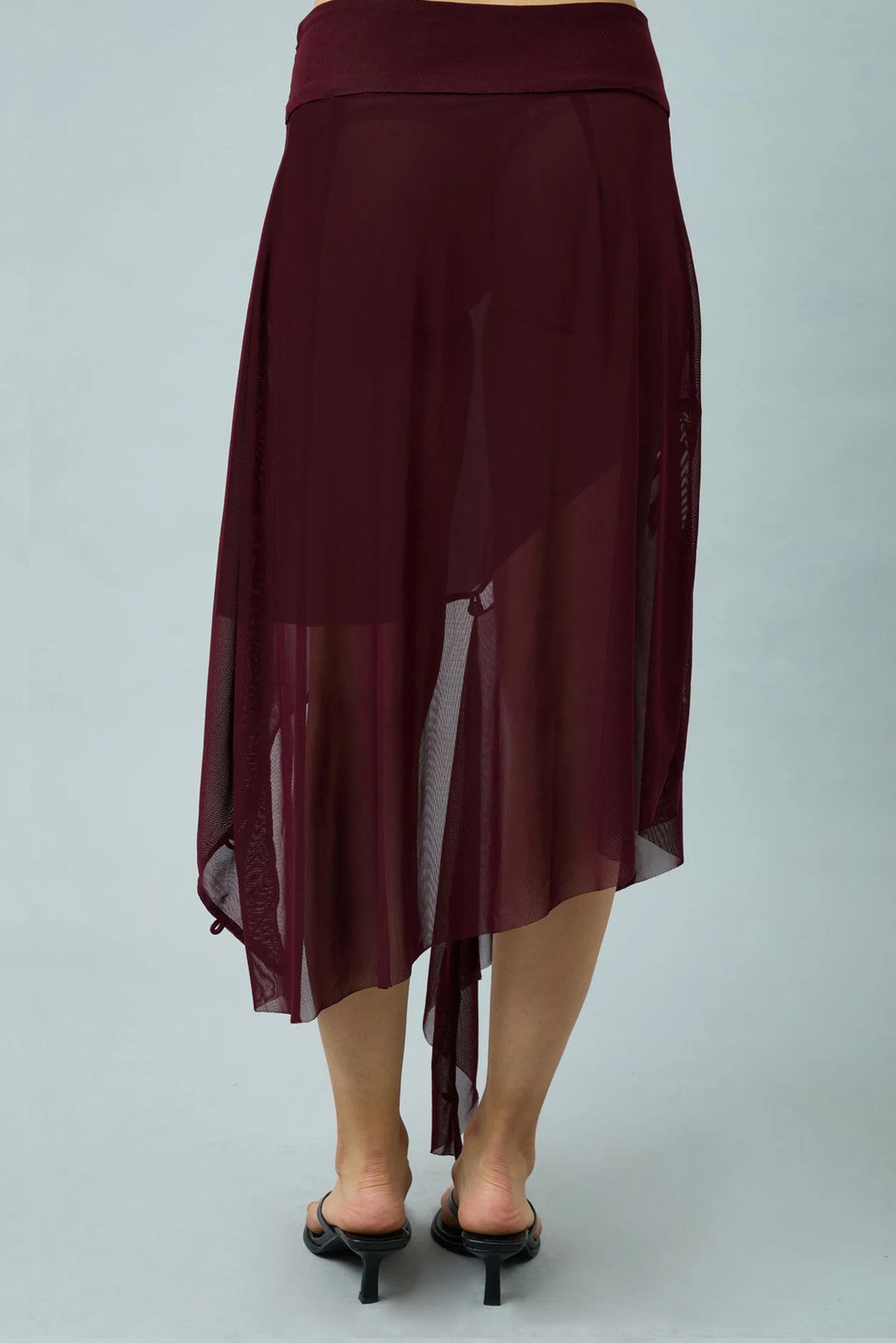 Asymmetric Mesh Skirt W/ Flower Applique - Burgundy