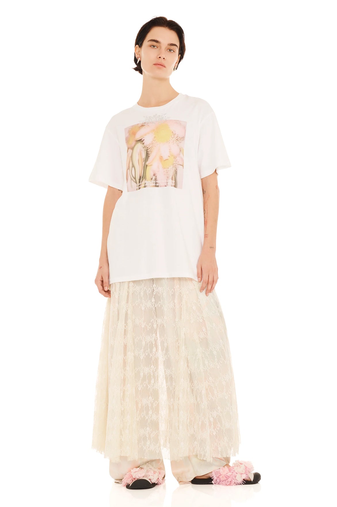 Flower Petal Tee - Rhinestone/White