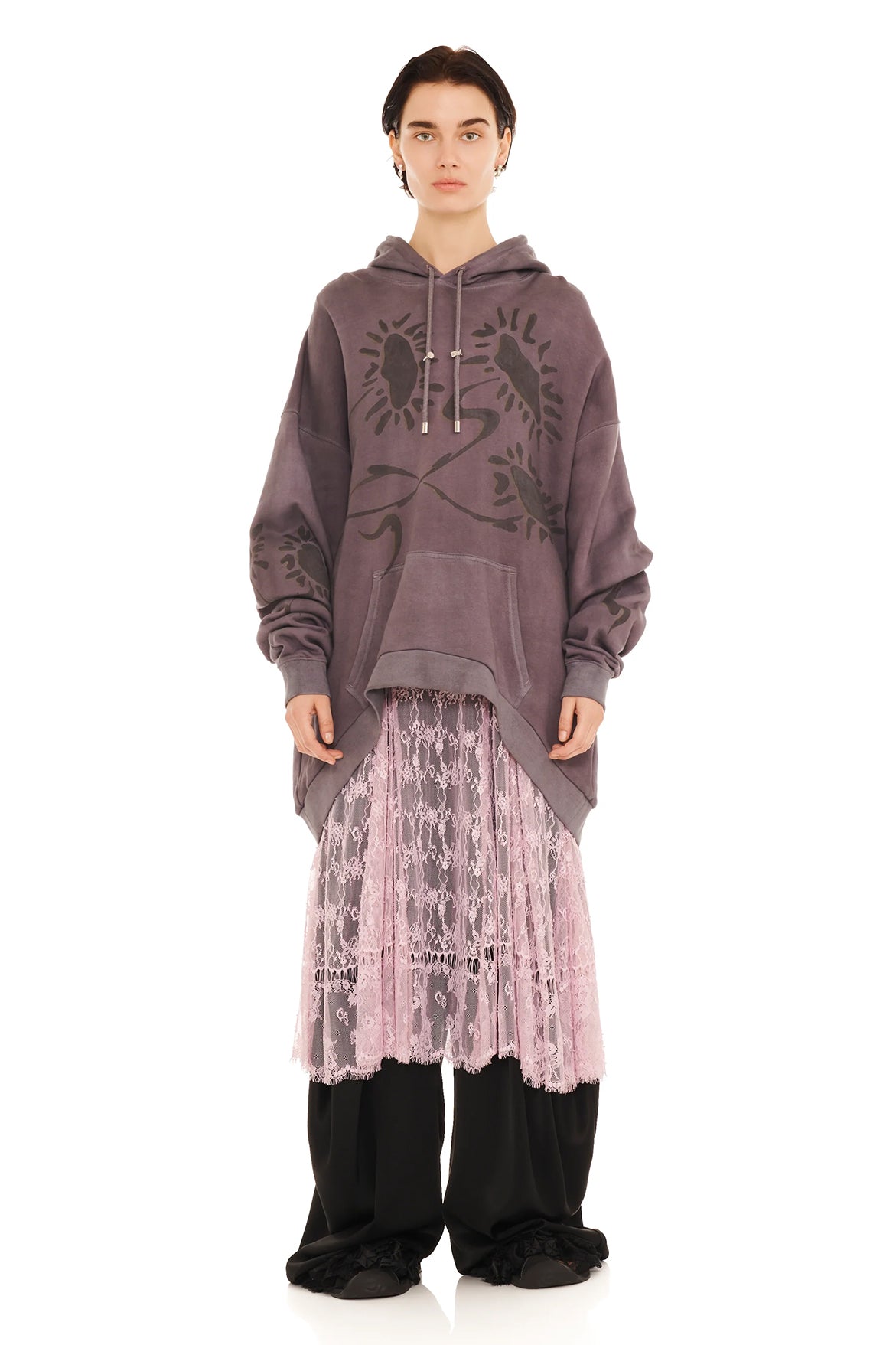 Round Hem Hoodie - Charcoal Daisies
