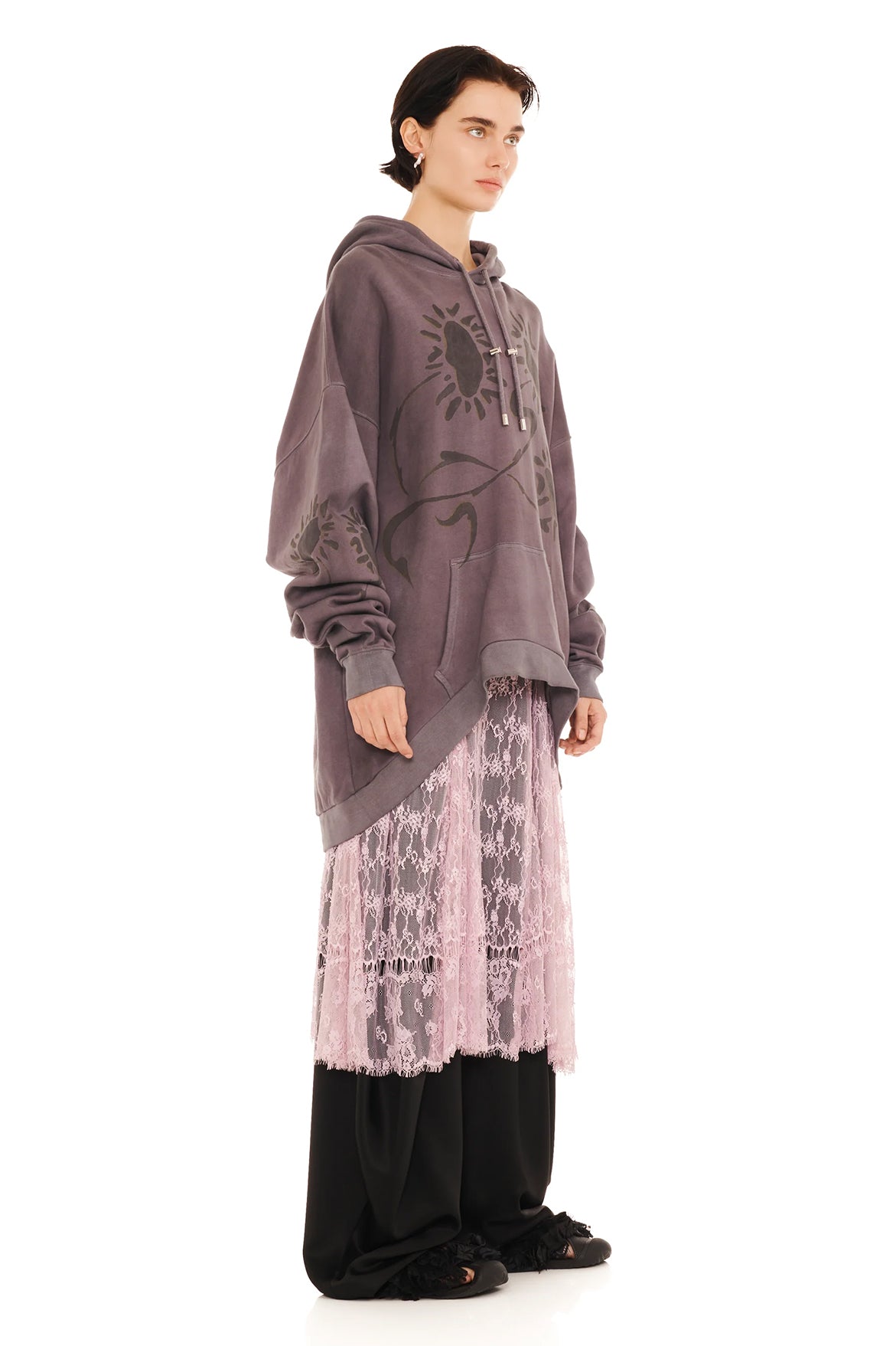 Round Hem Hoodie - Charcoal Daisies