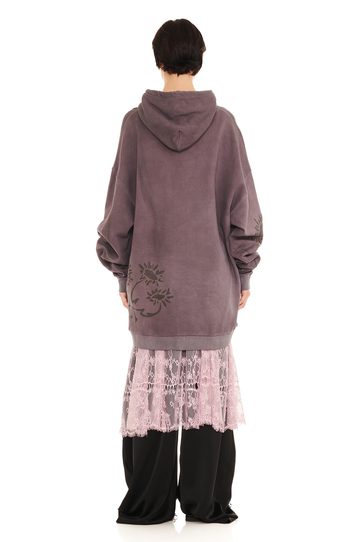 Round Hem Hoodie - Charcoal Daisies