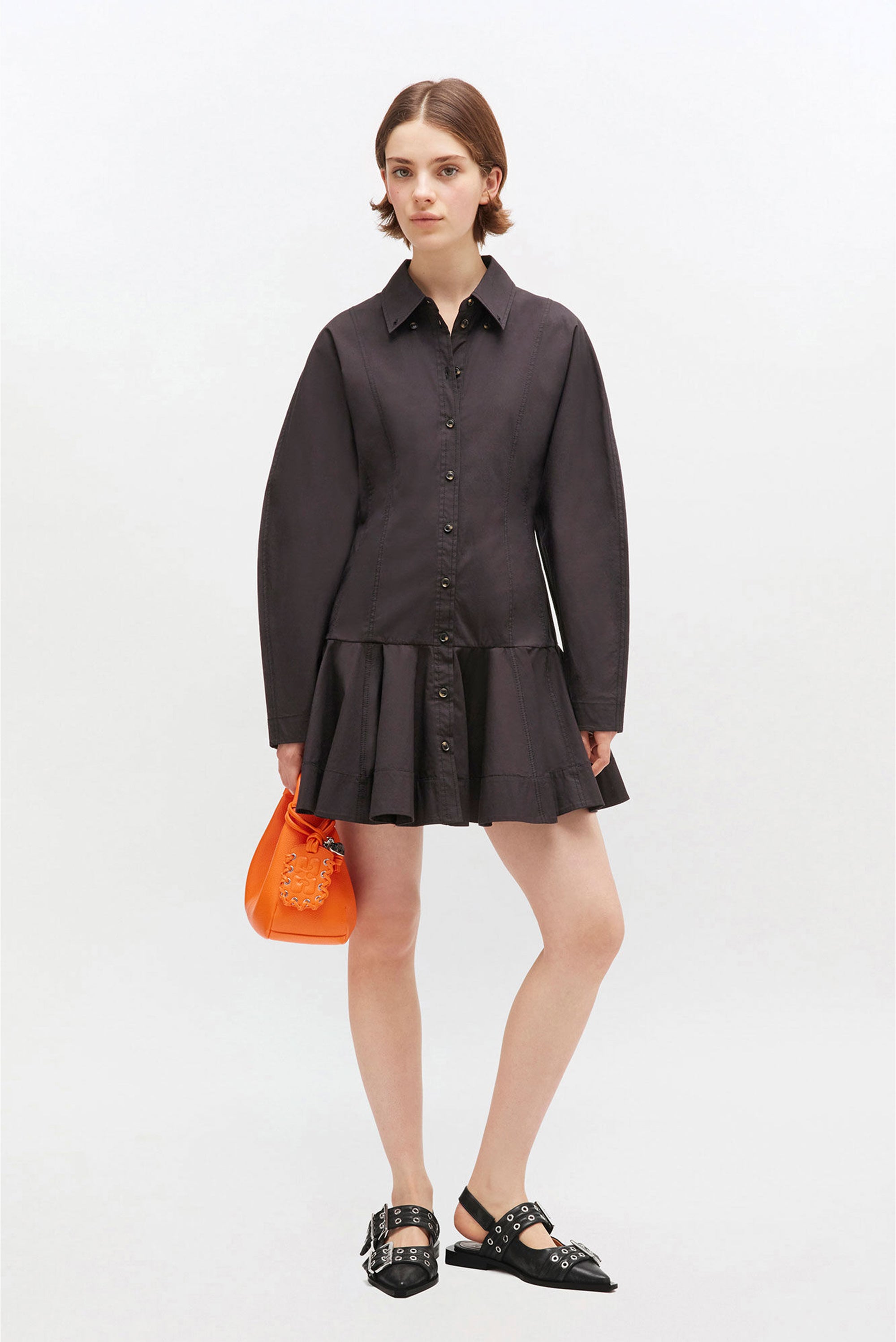 GANNI Stretch Cotton Buttoned Mini Dress - Black
