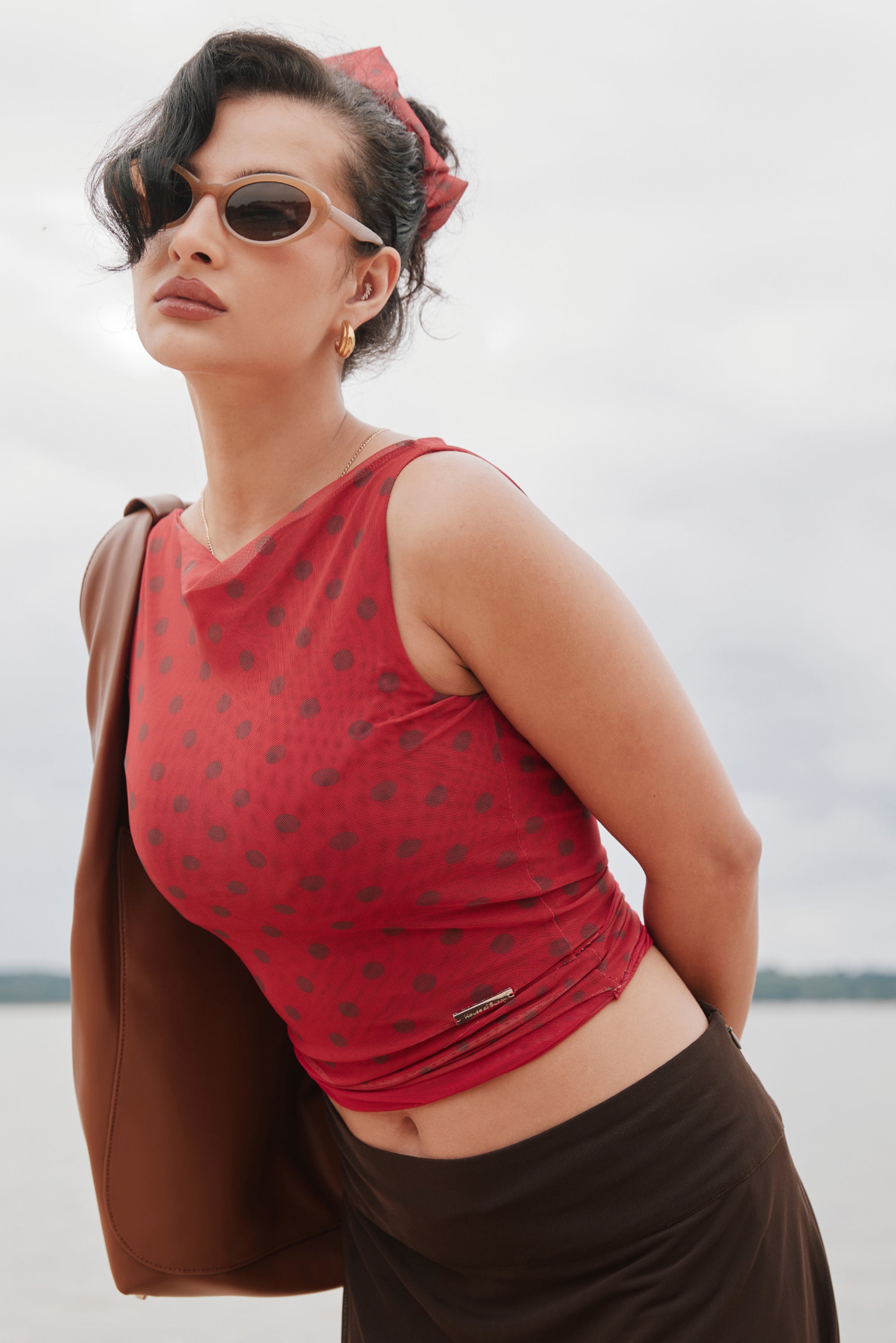 HOUSE OF SUNNY Double Layer Polka Dot Mesh Top - Red