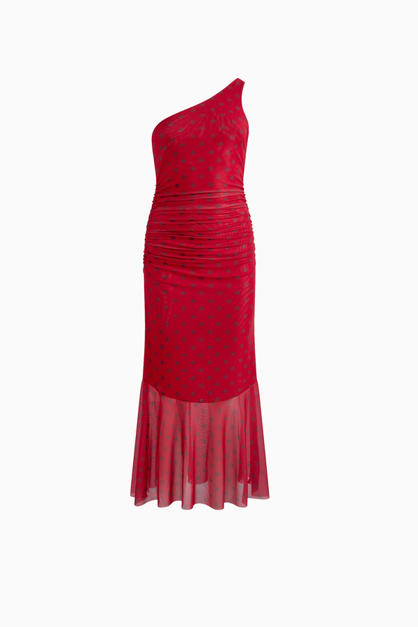 HOUSE OF SUNNY Asymmetric Ruffle Mesh Dress - Red