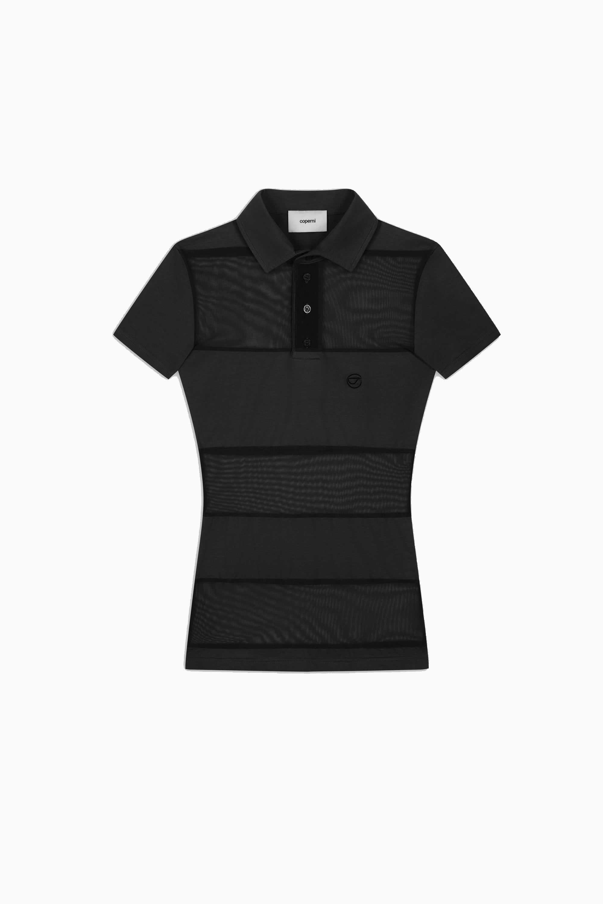 Knitted Striped Sheer Polo Top - Black