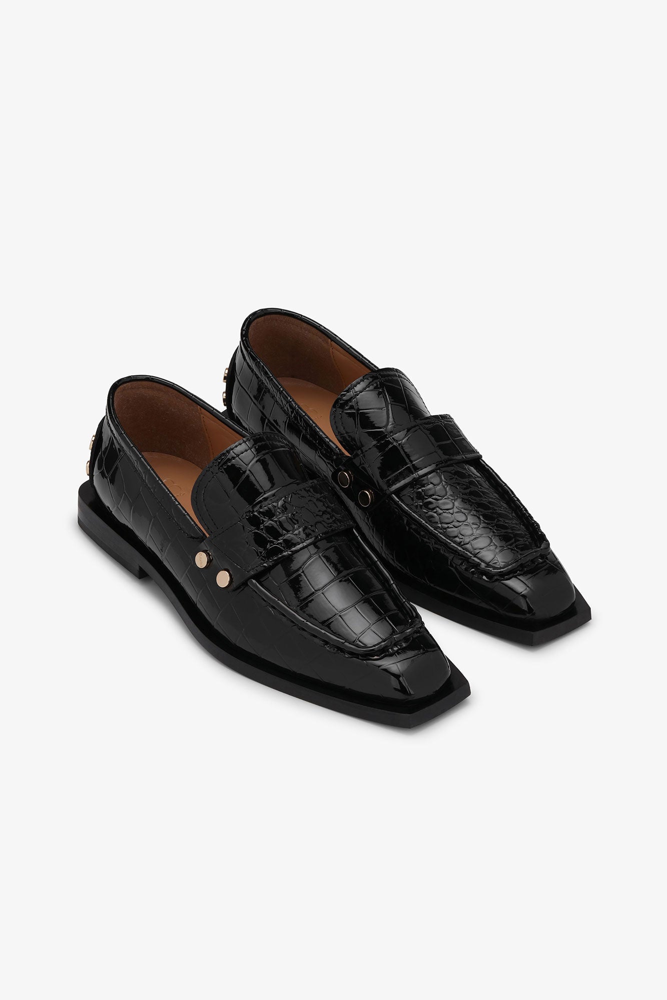 GANNI Studs Square Toe Loafer Shiny Croco - Black