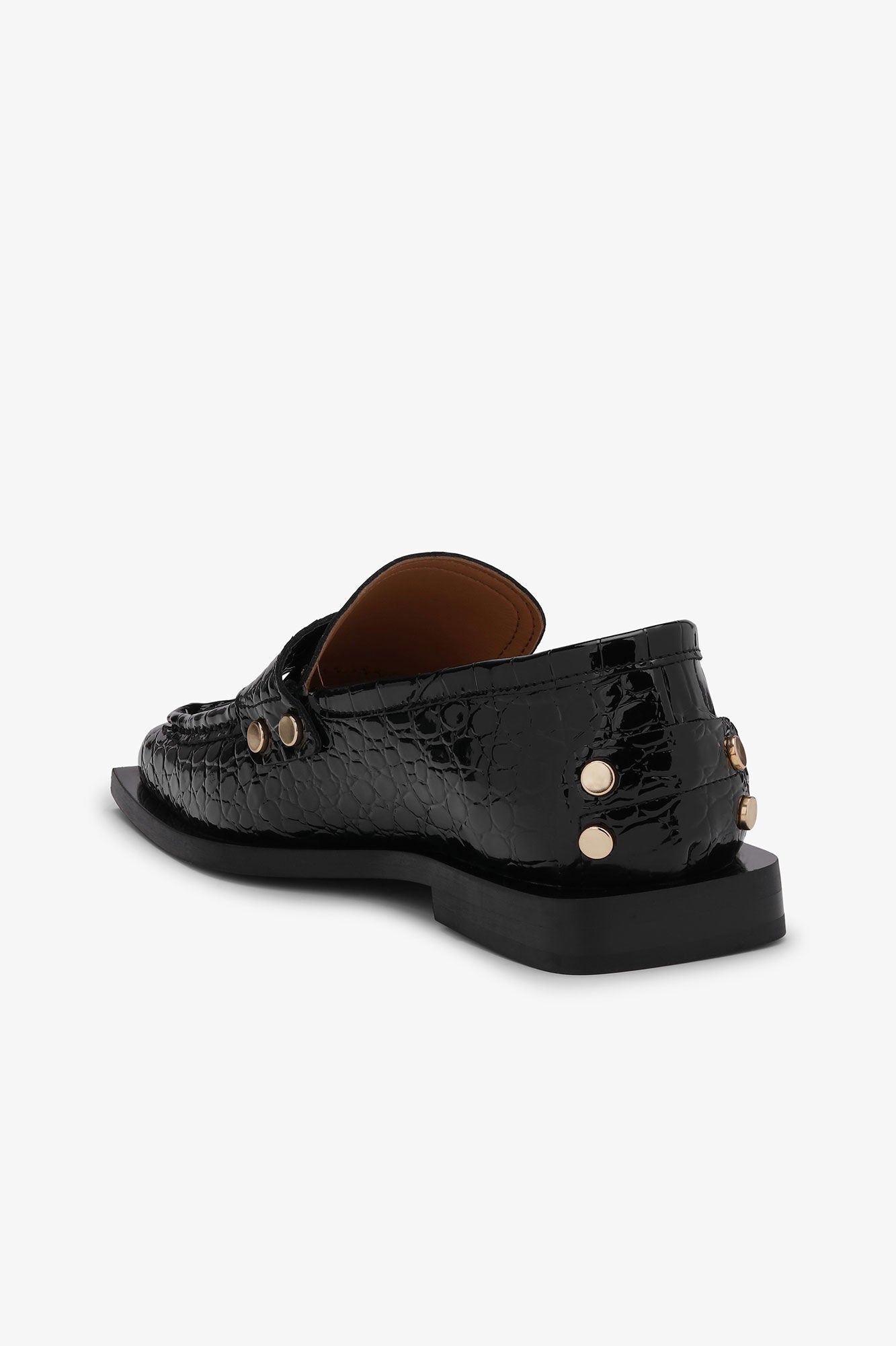GANNI Studs Square Toe Loafer Shiny Croco - Black