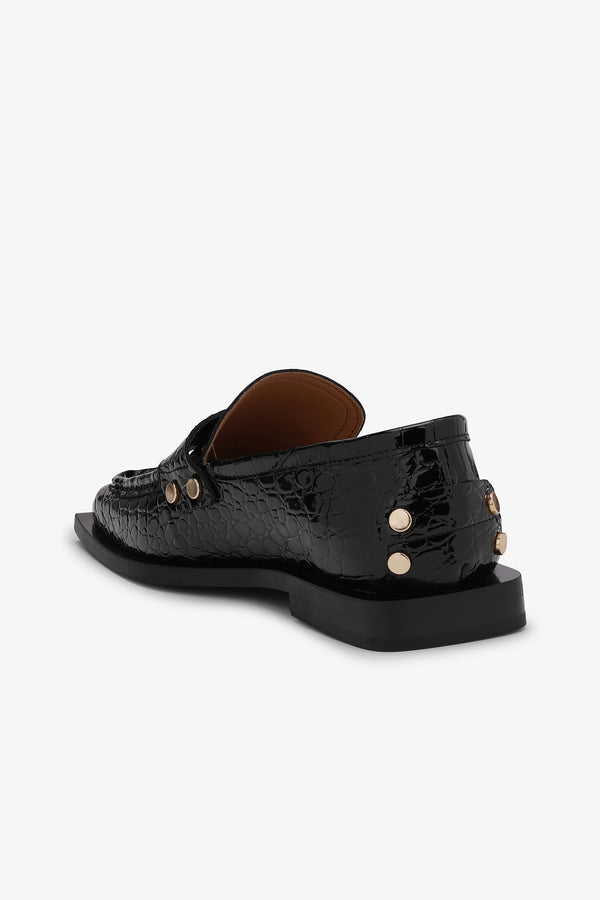 GANNI Studs Square Toe Loafer Shiny Croco - Black