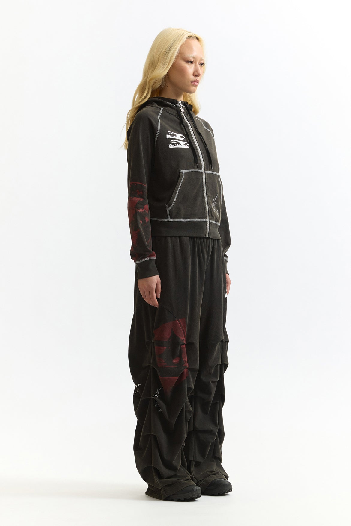 Celestial Equator Hooded Zip Thru Sweat - Black wash/Deep red