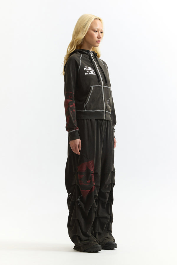 Celestial Equator Hooded Zip Thru Sweat - Black wash/Deep red