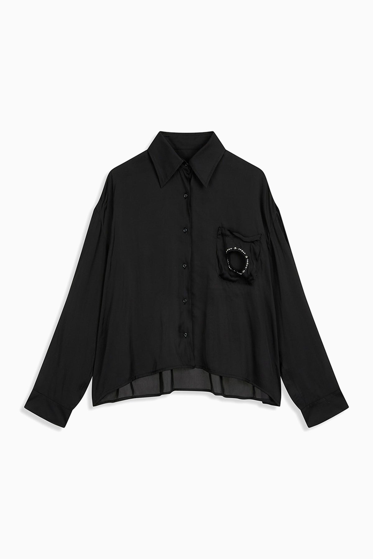 Silky Bead Pocket Crop Shirt - Black