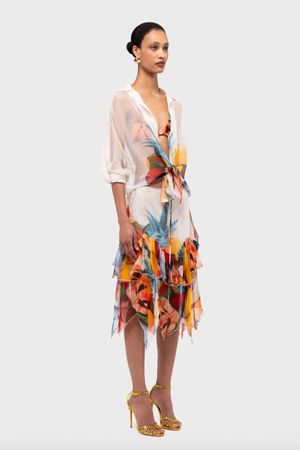 Salpicon White Silk Chiffon Midi Skirt - Beige