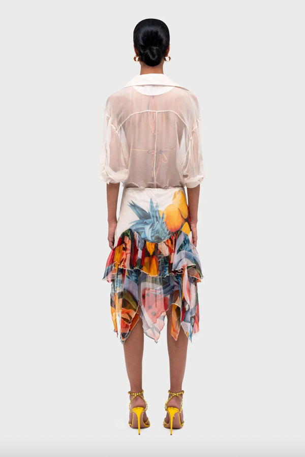 Salpicon White Silk Chiffon Midi Skirt - Beige