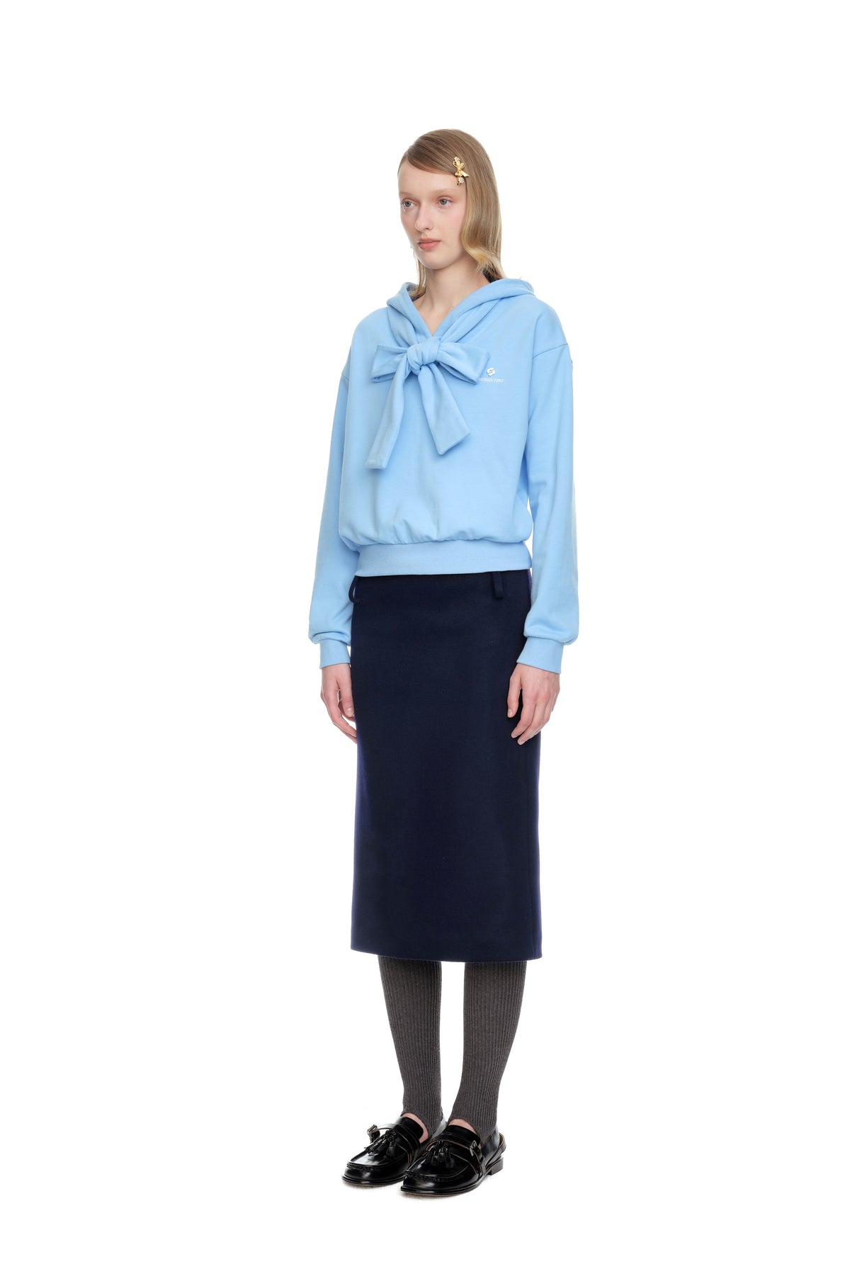 Tie Front Bow Hoodie - Blue
