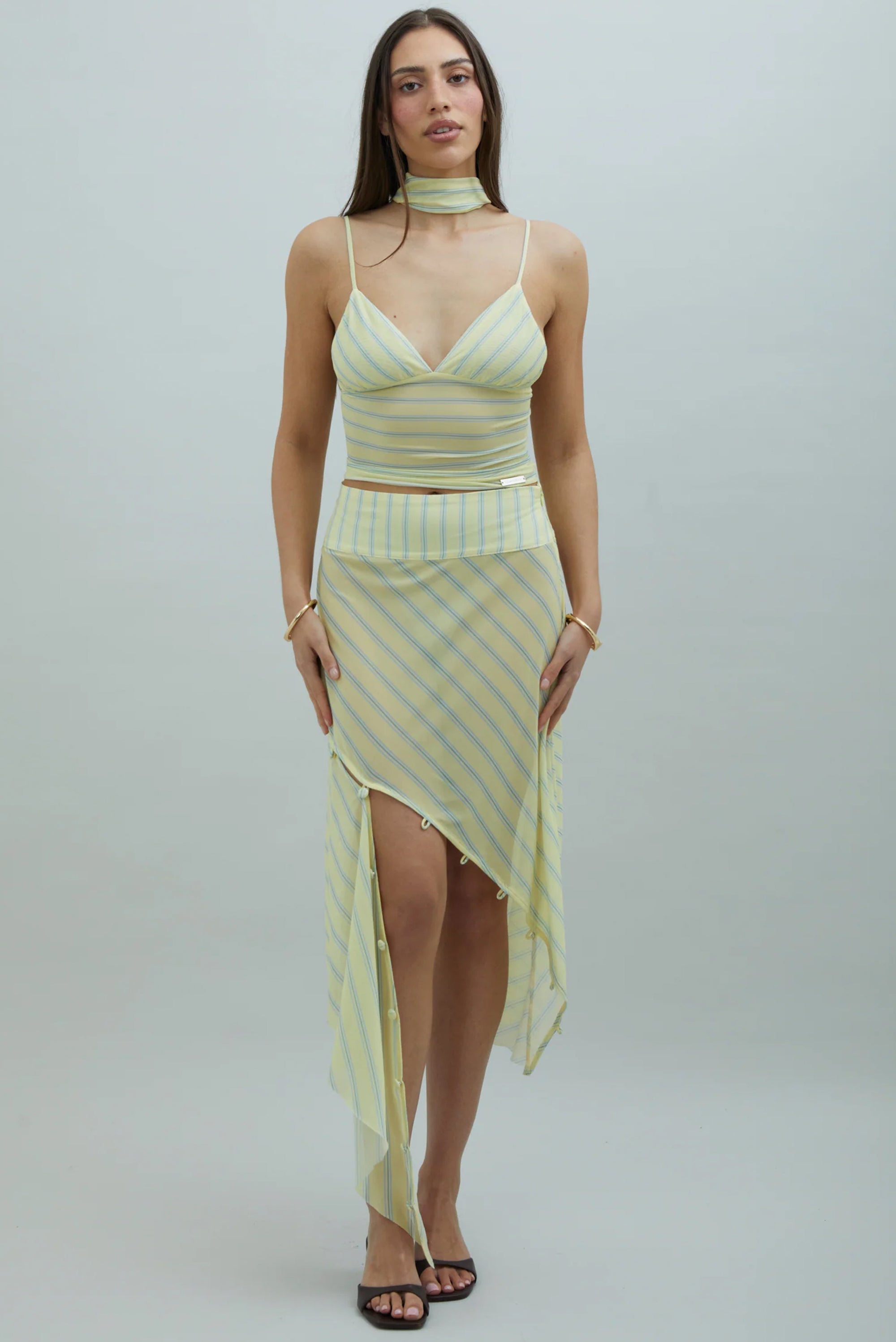 Striped Mesh Asymmetric Skirt - Butter