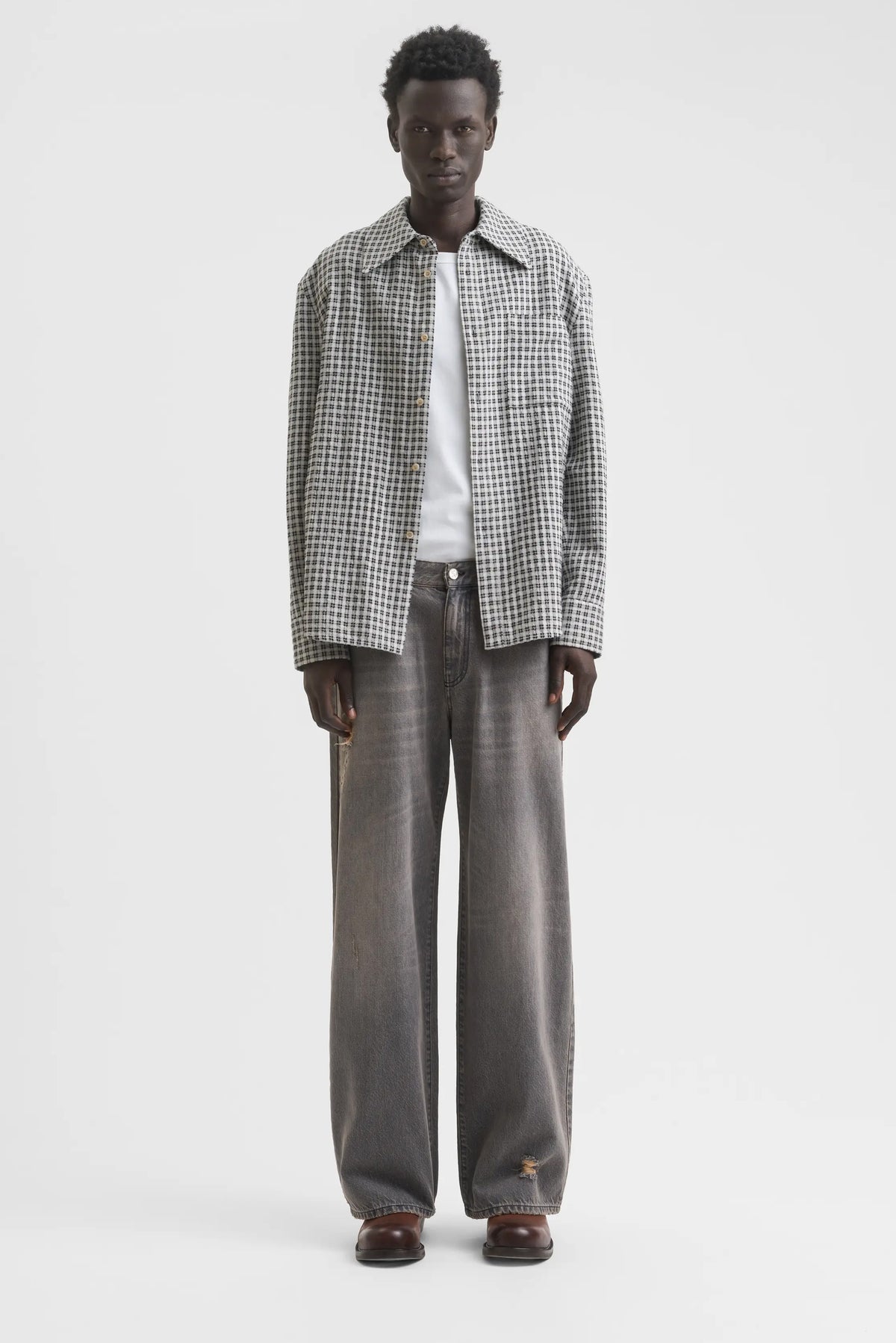 Button-Up Flannel Shirt - White/Black Check