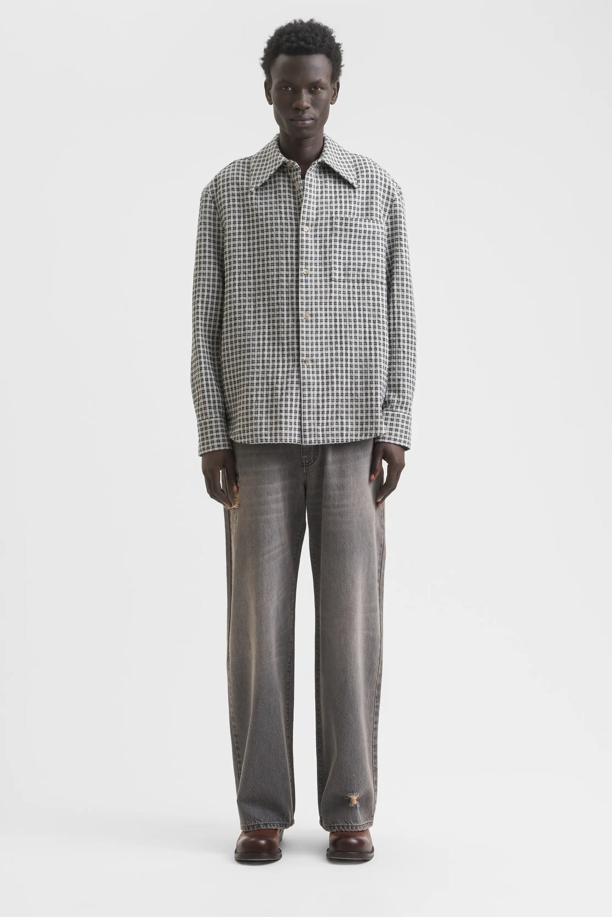 Button-Up Flannel Shirt - White/Black Check