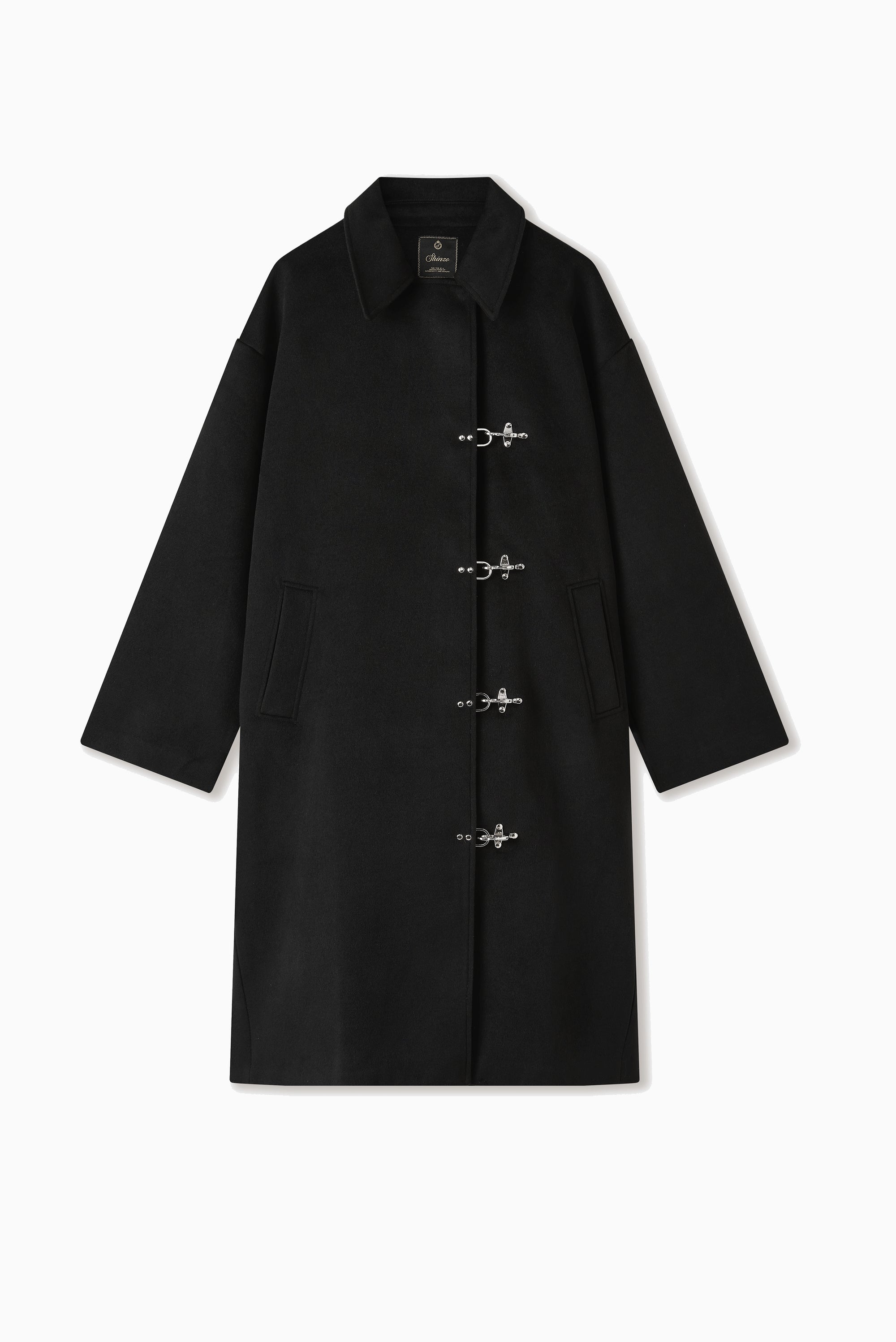 Black Wool Clasp Trench Coat - Black