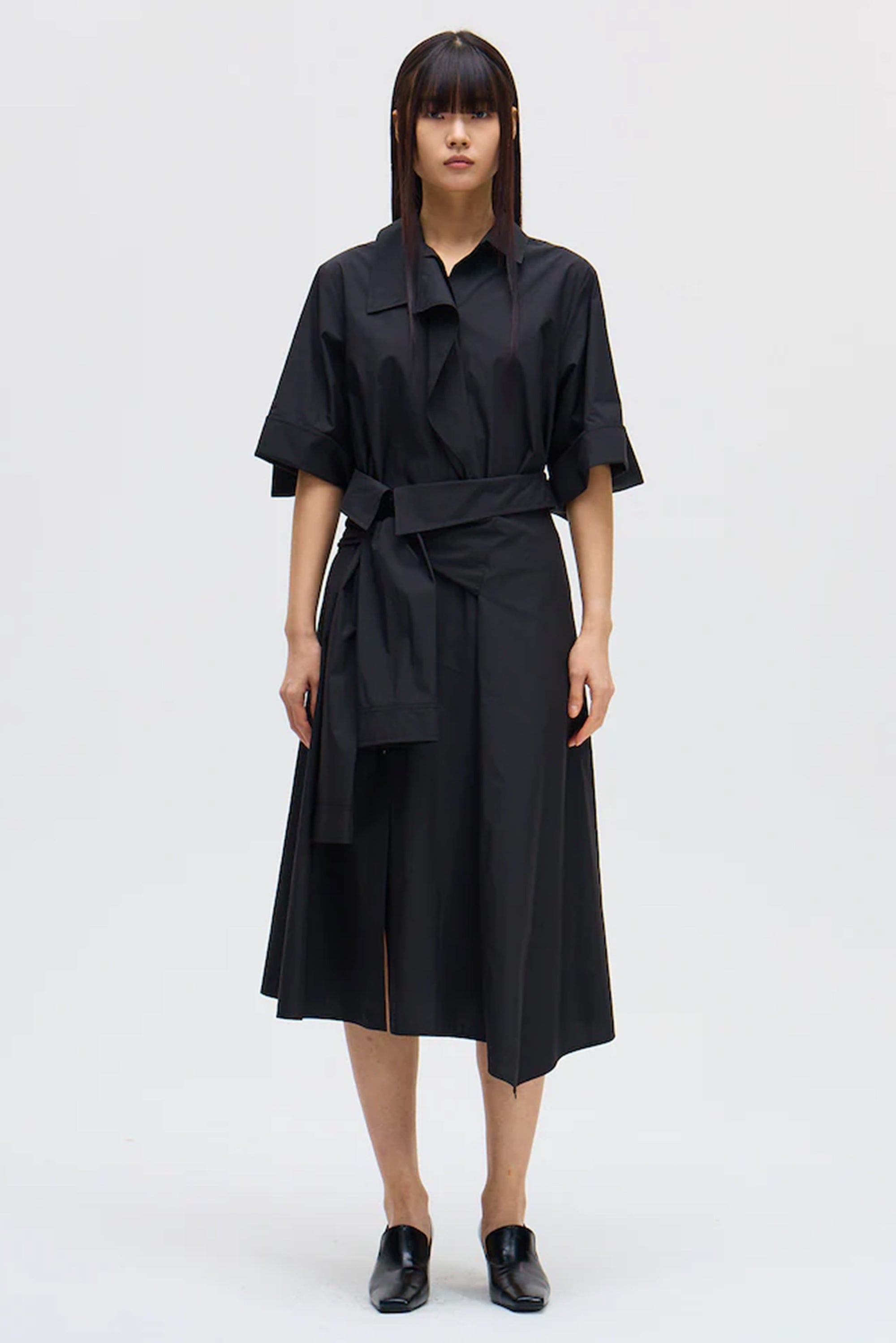 Waist Tie Shirt Dress - Black