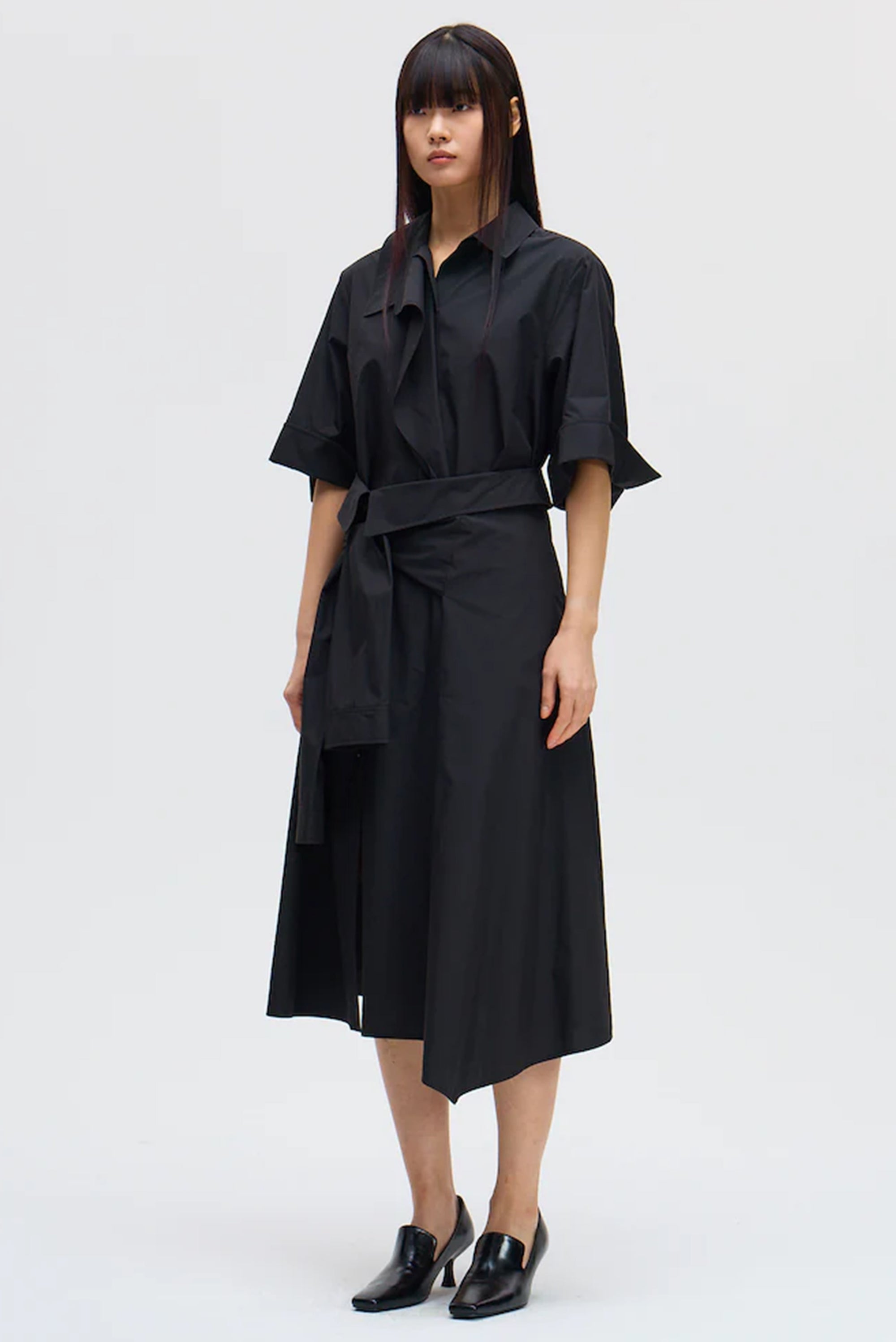 Waist Tie Shirt Dress - Black