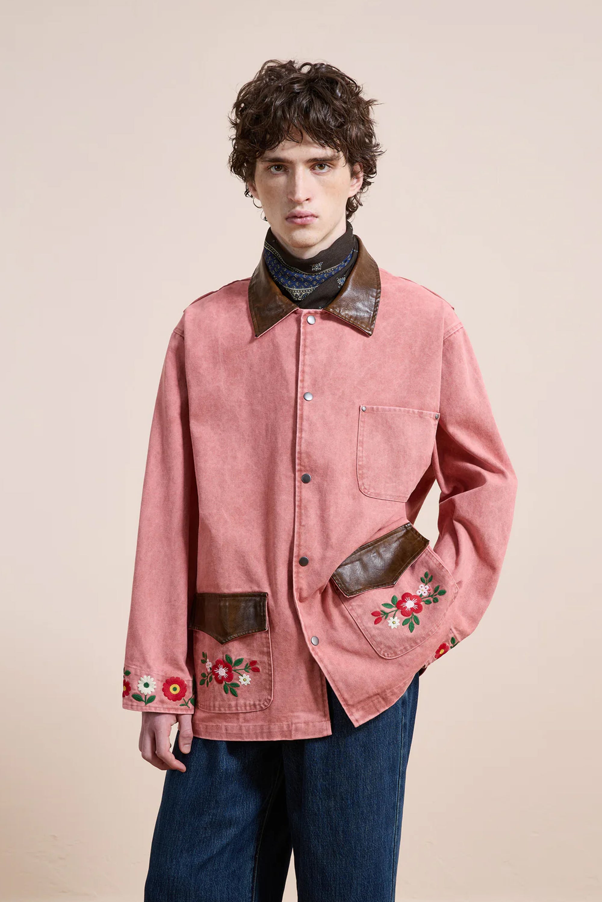 Canvas Embroidered Work Jacket - Vintage Salmon