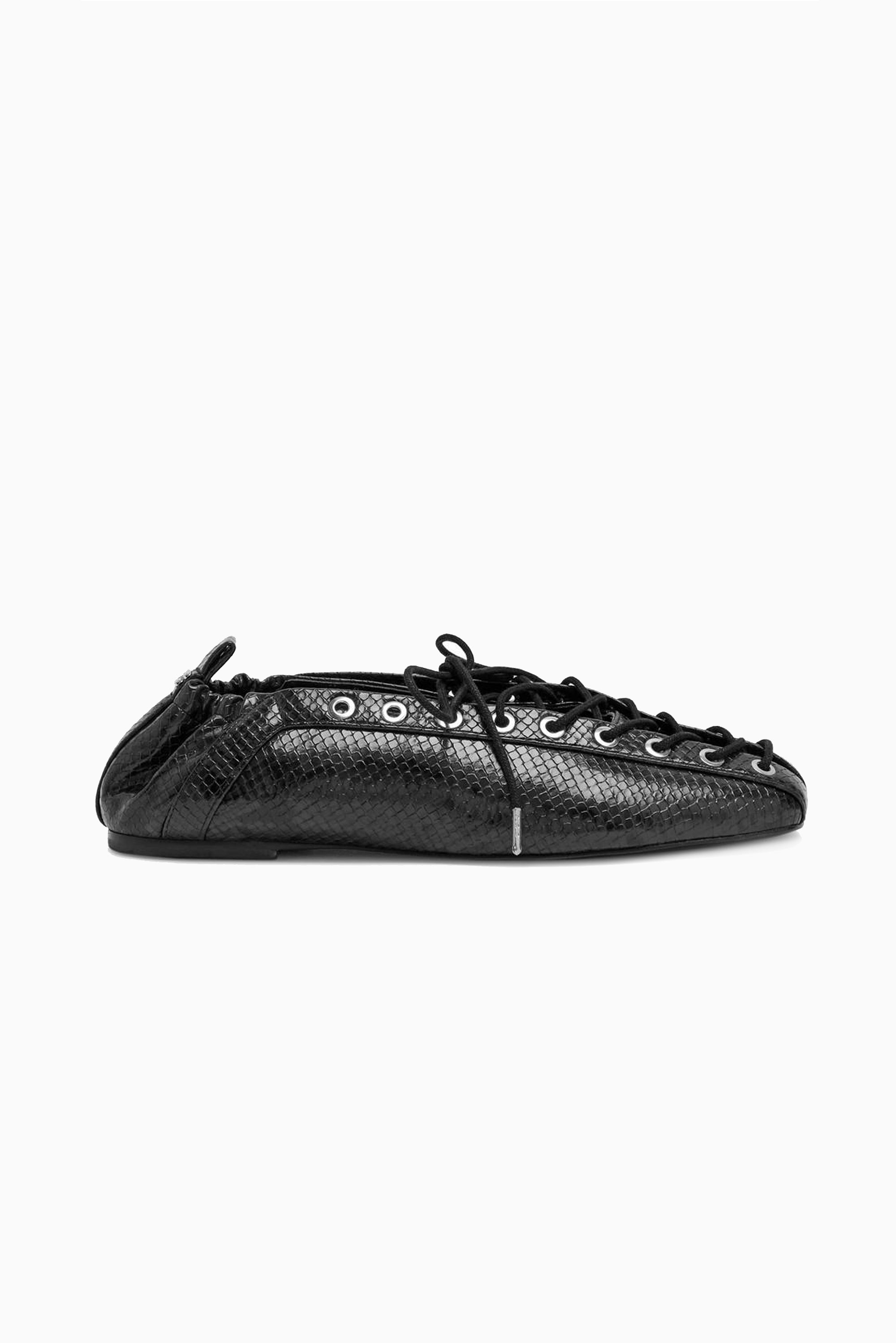 GANNI Eyelets Lace Up Ballerina Snake - Black Oyster