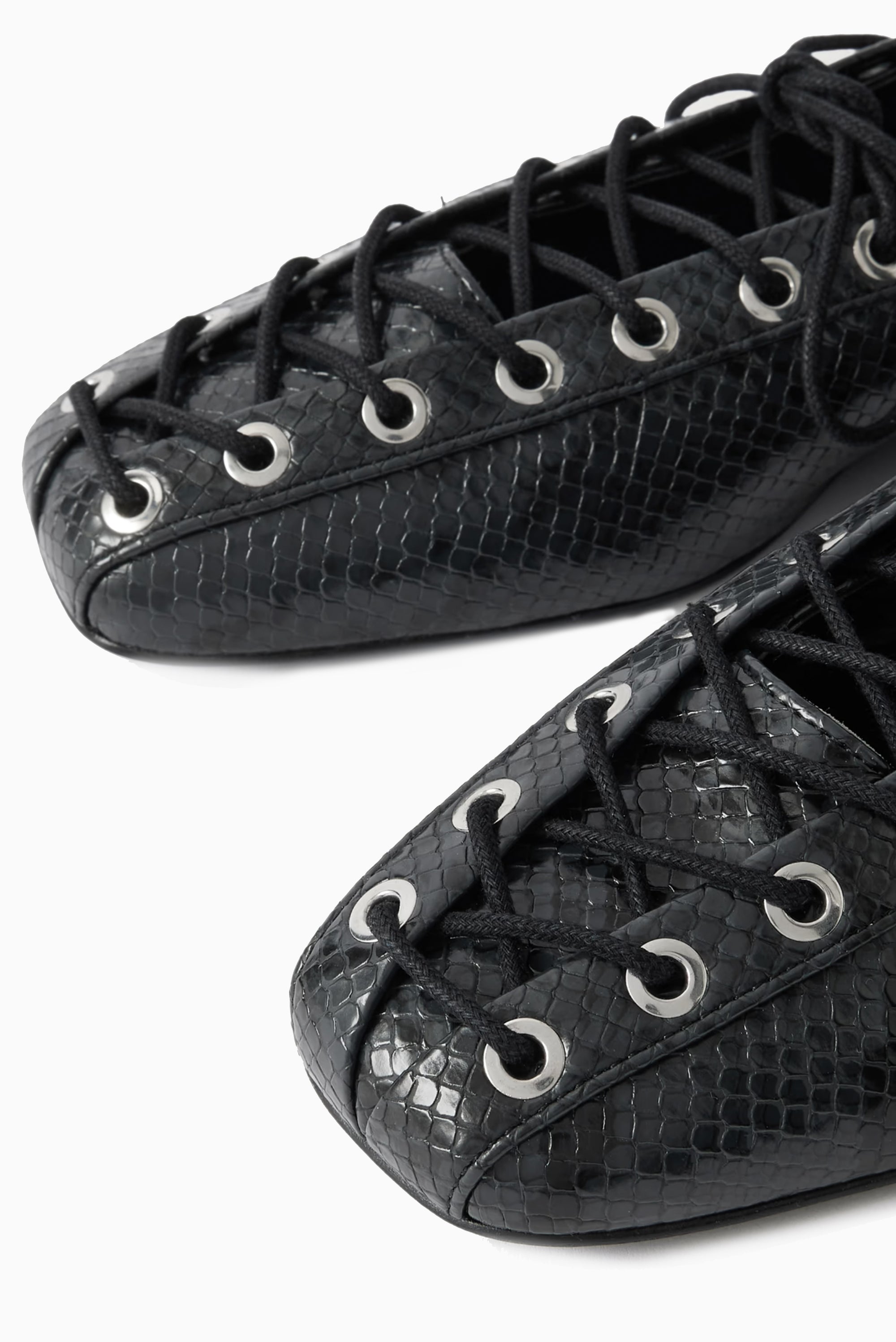 GANNI Eyelets Lace Up Ballerina Snake - Black Oyster