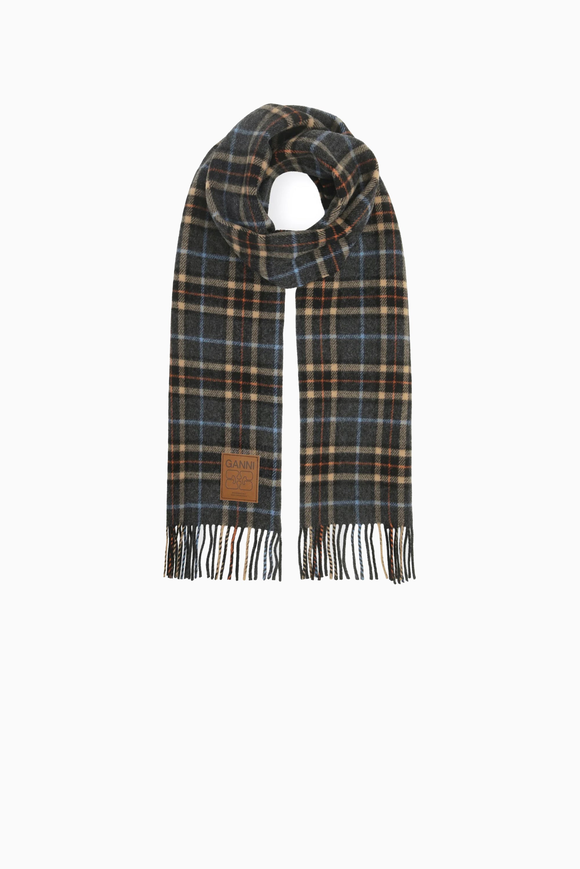 GANNI DOUBLE Face Wool Check Scarf - Charcoal Grey