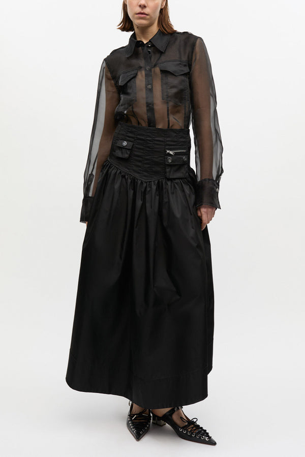GANNI Duchesse Nylon Long Pocket Skirt - Black