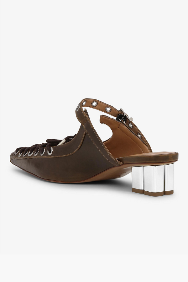 GANNI Eyelets Lace Up Mule Crinkle Heel - Dark Olive