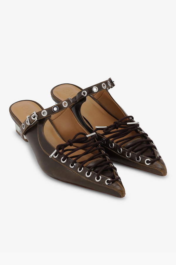 GANNI Eyelets Lace Up Mule Crinkle Heel - Dark Olive