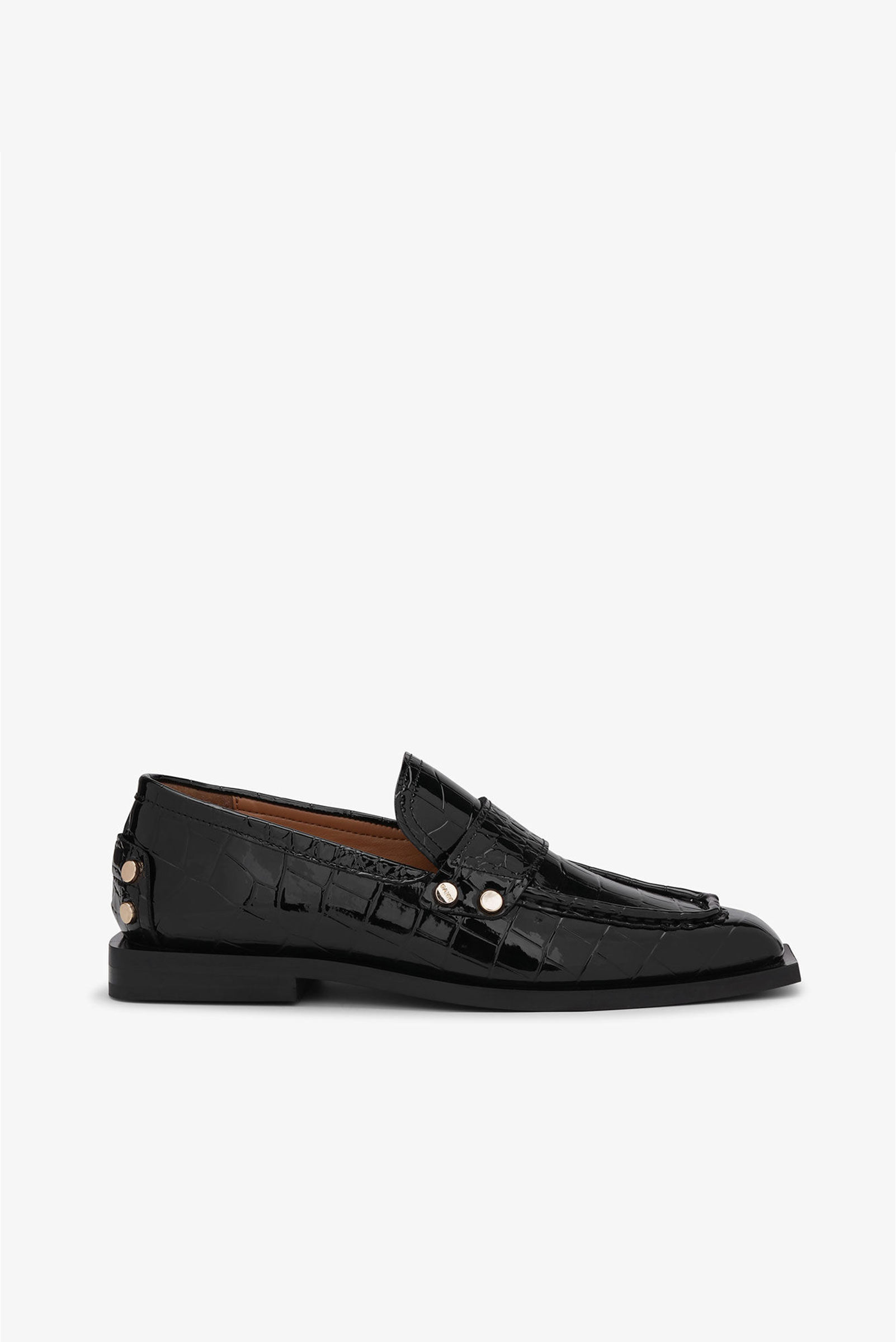 GANNI Studs Square Toe Loafer Shiny Croco - Black