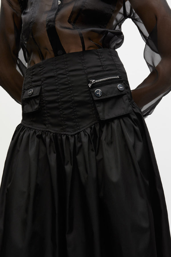 GANNI Duchesse Nylon Long Pocket Skirt - Black