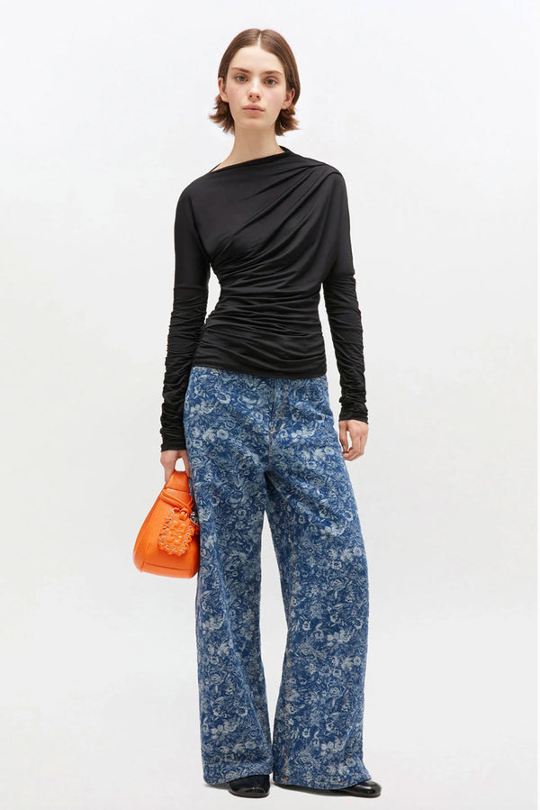 Shiny Jersey Ruched Top - Black