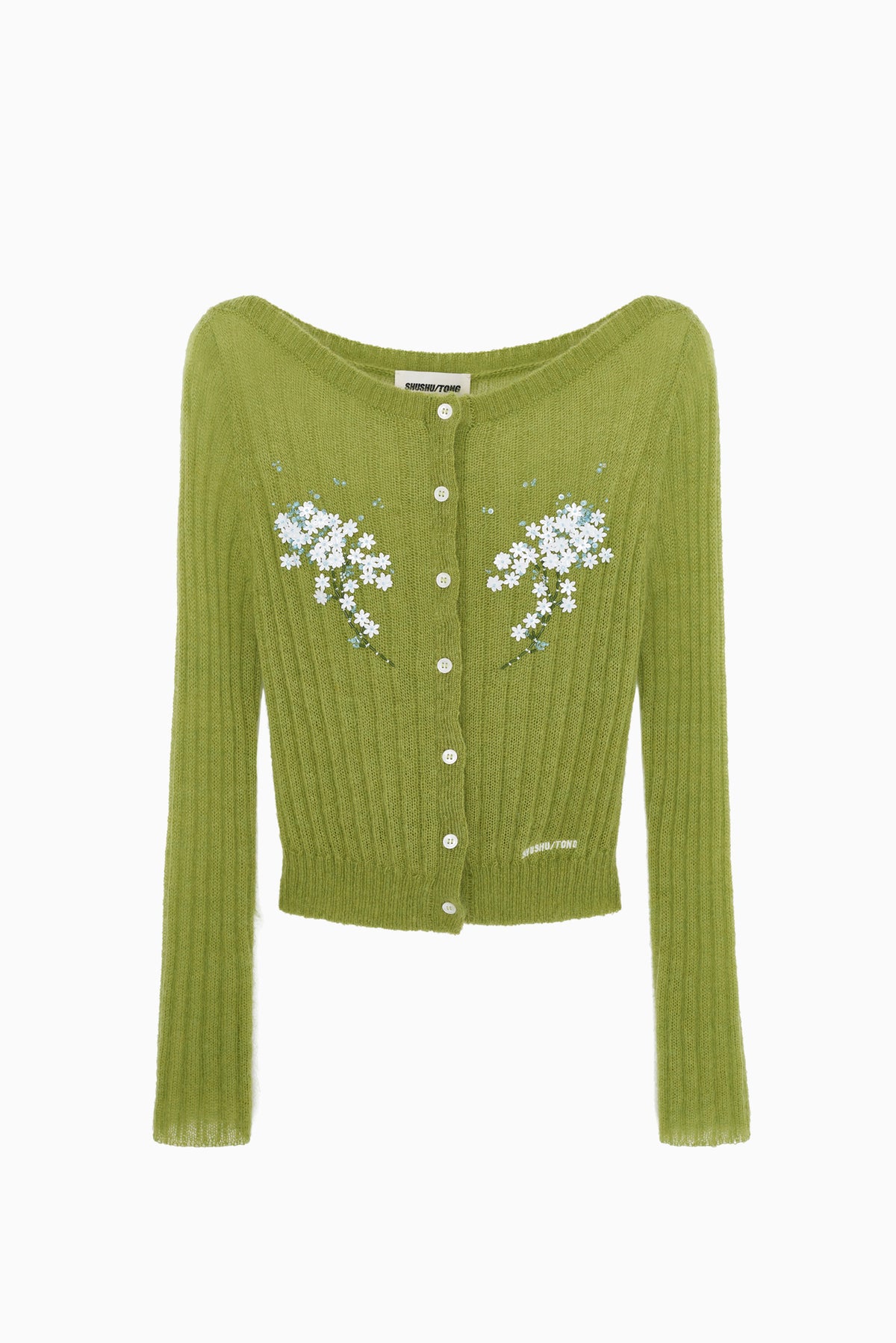 Beaded Floral Embellished Knit Cardigan - Green