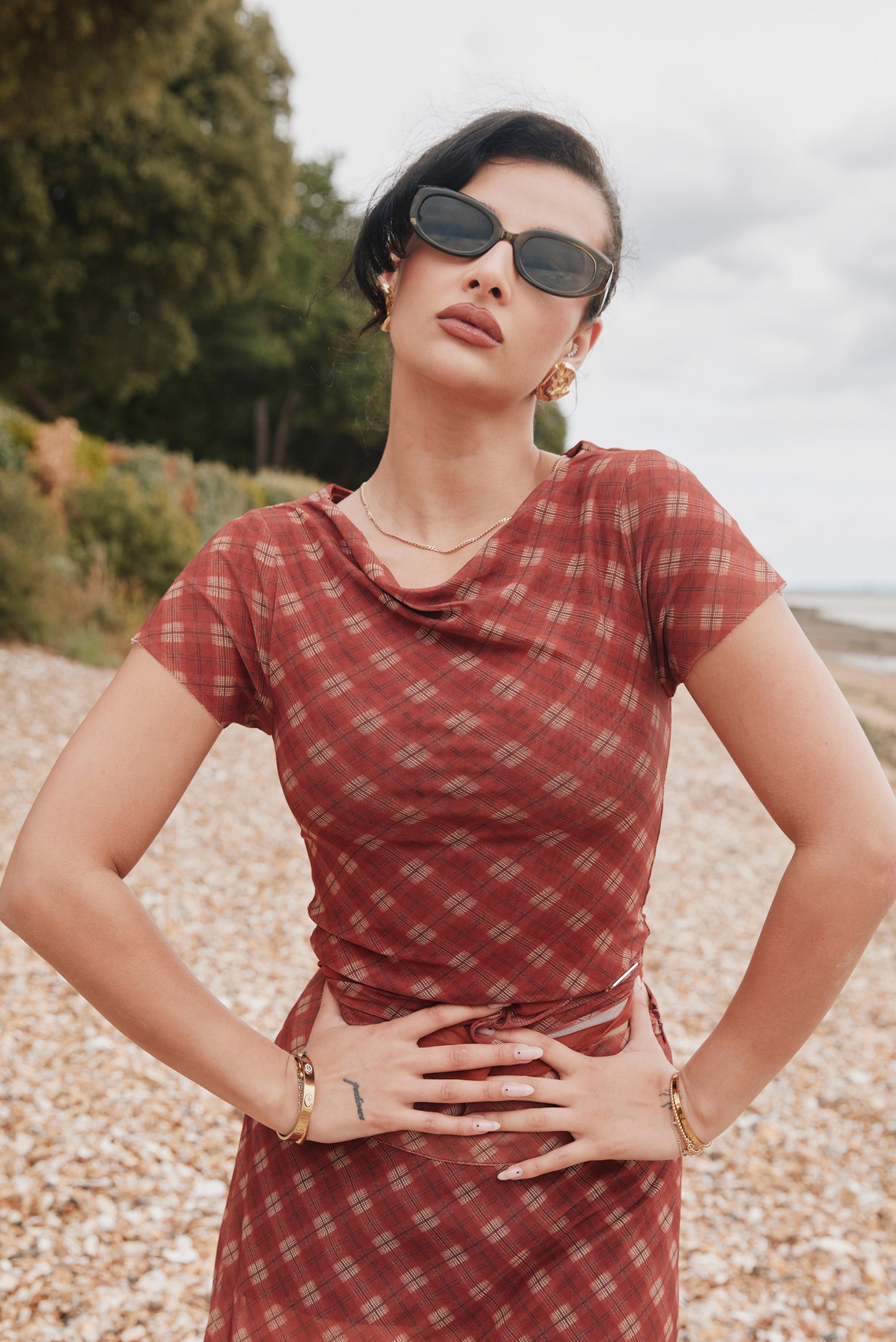 HOUSE OF SUNNY Retro Check Mesh Top - Multi