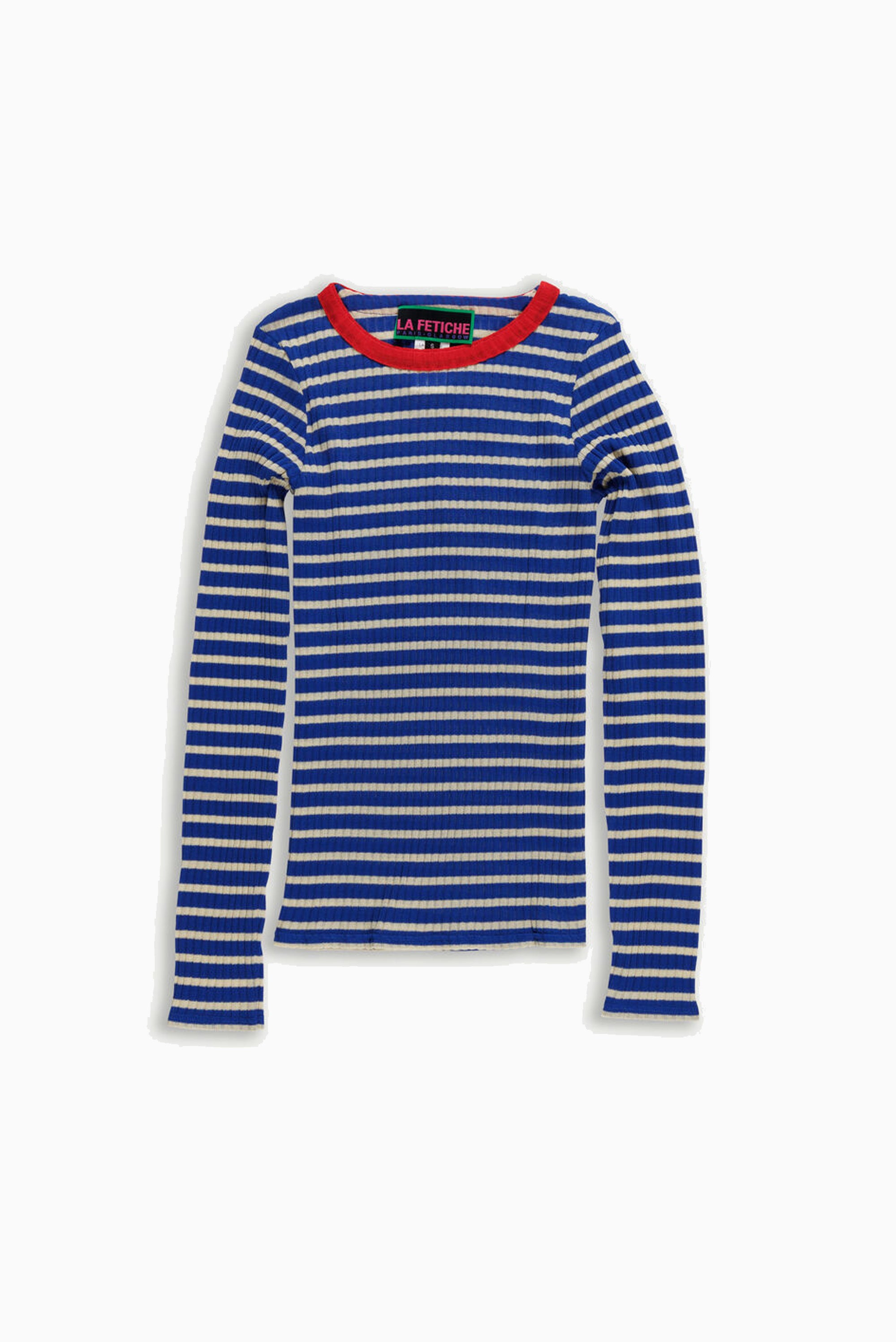 Jackiera Ribbed L.Sleeve Top - Blue/Ecru/Red