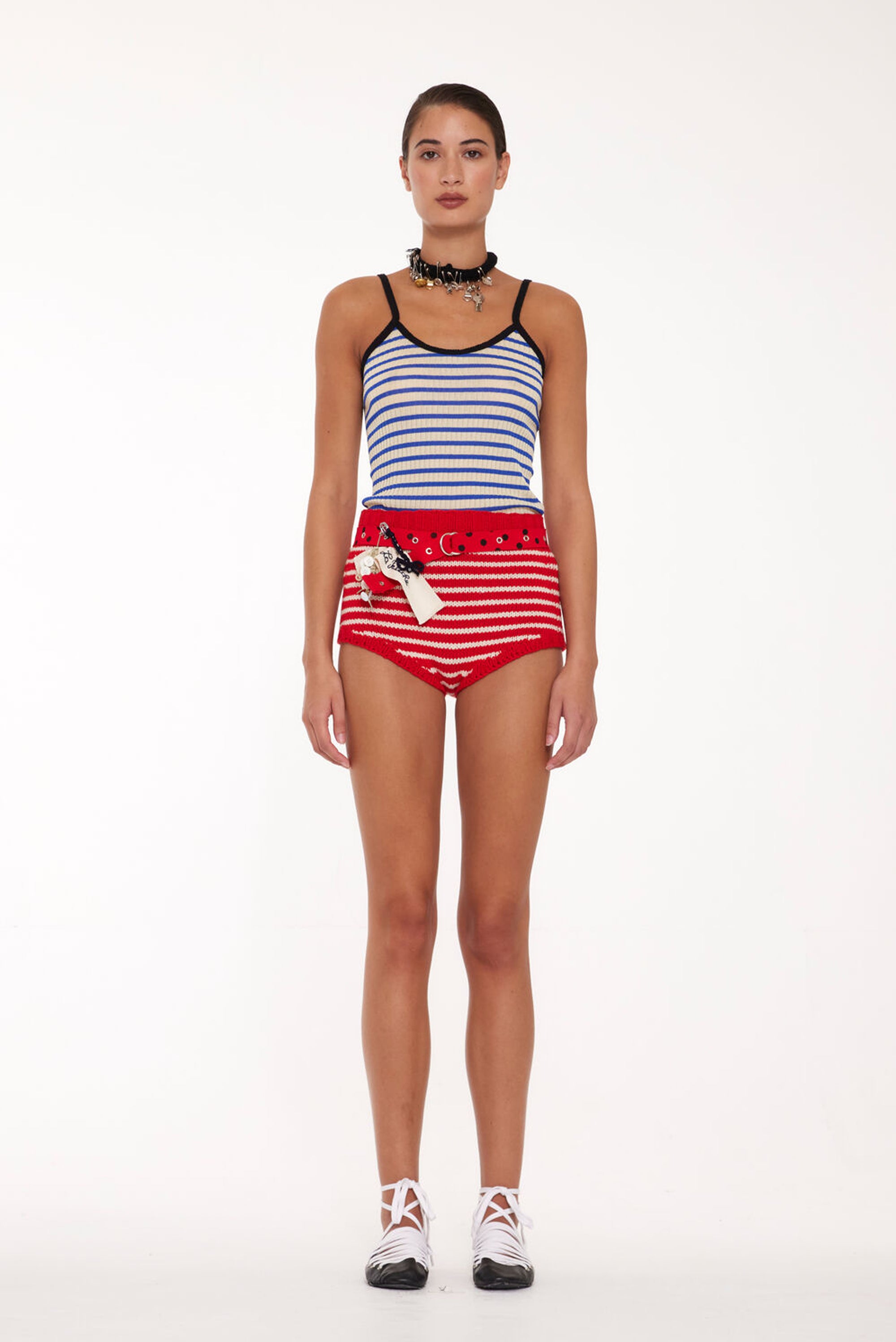 Jade Ribbed Cami Top - Ecru/Blue